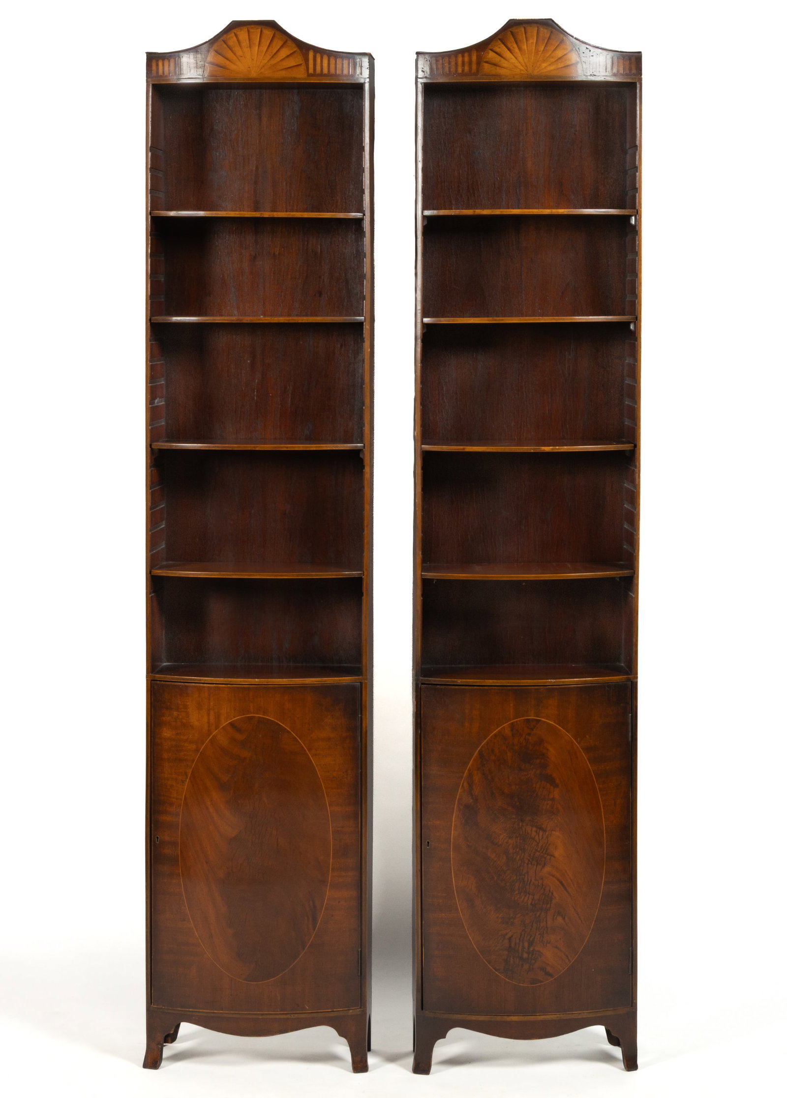 PAIR OF REGENCY-STYLE INLAID MAHOGANY BOWFRONT CURIO CABINETS (1 of 5)