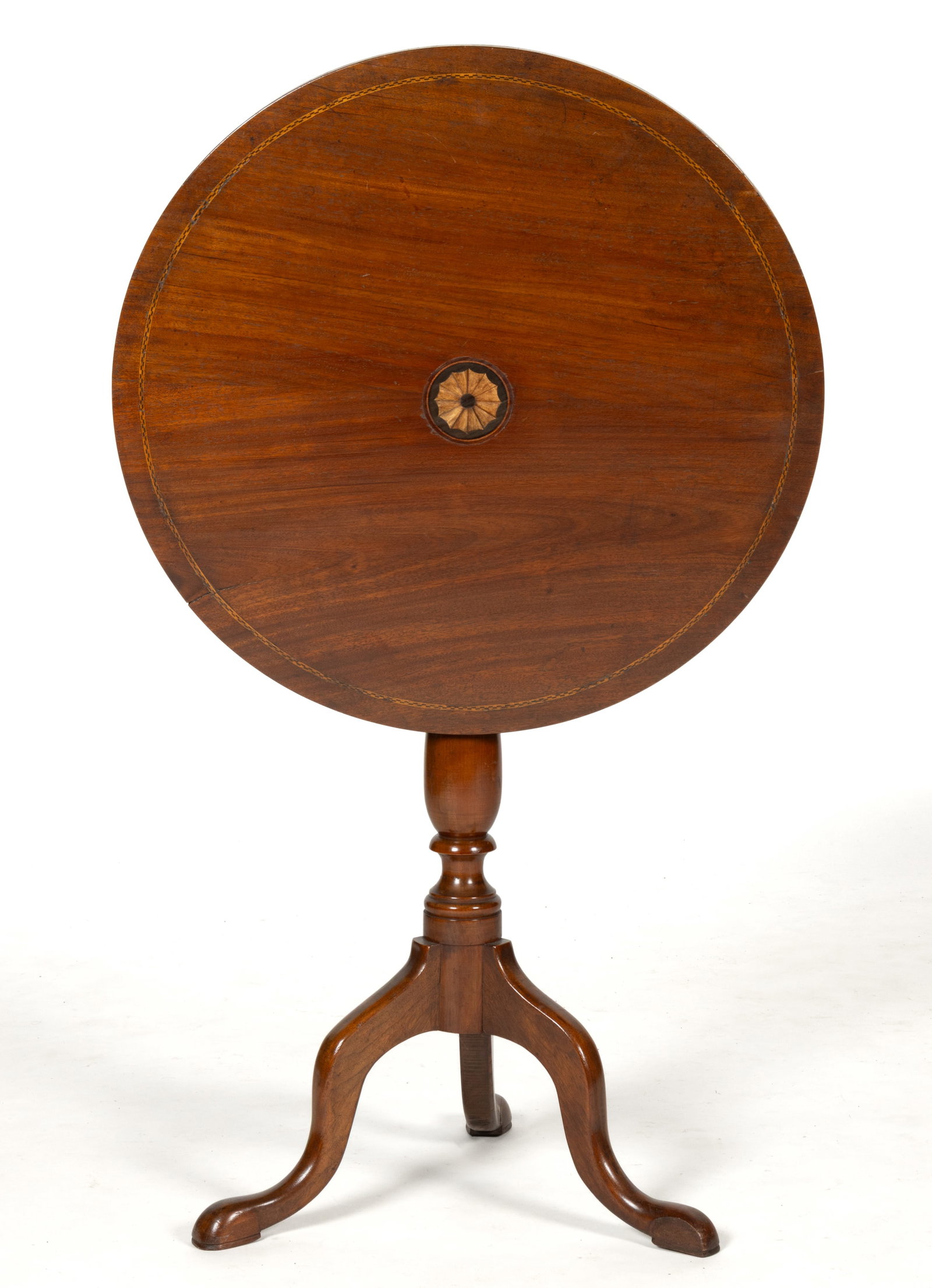 AMERICAN OR BRITISH INLAID MAHOGANY TILT-TOP CANDLESTAND (1 of 3)