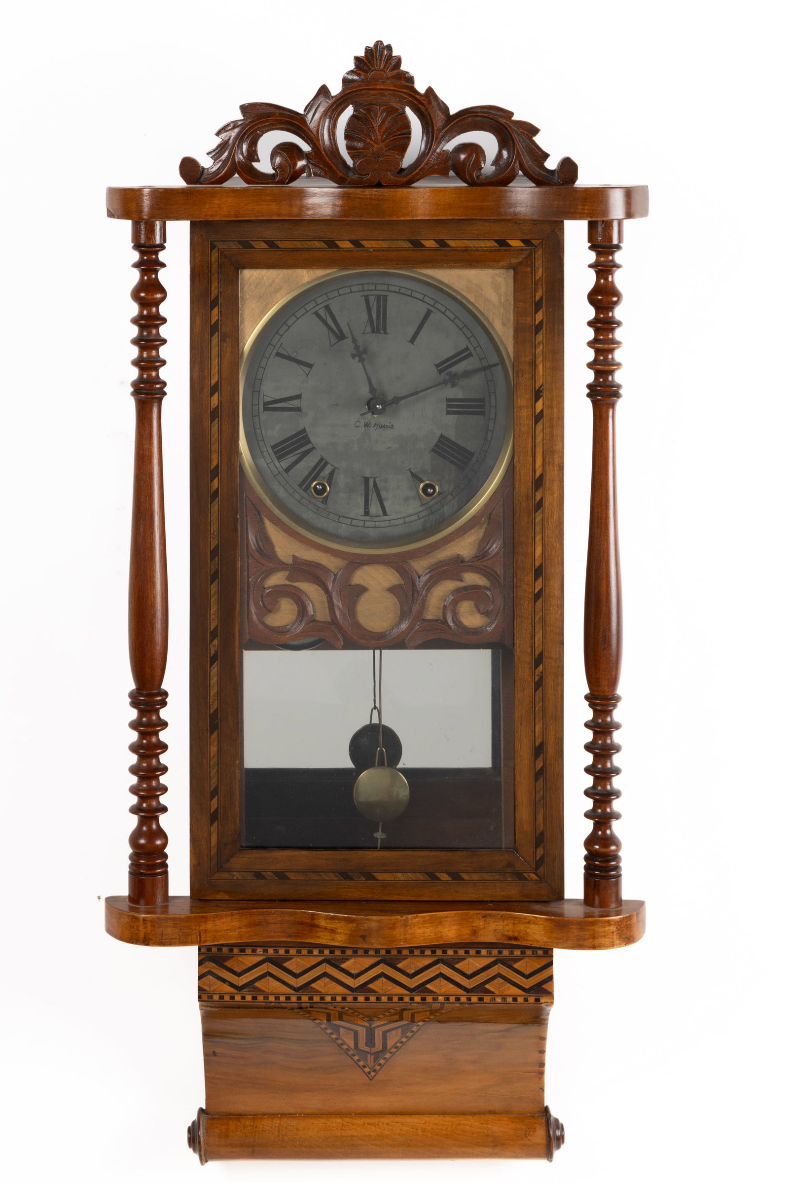 AMERICAN SIGNED C. W. HARRIS ANGLO-AMERICAN STYLE WOODEN INLAY WALL CLOCK (1 of 2)
