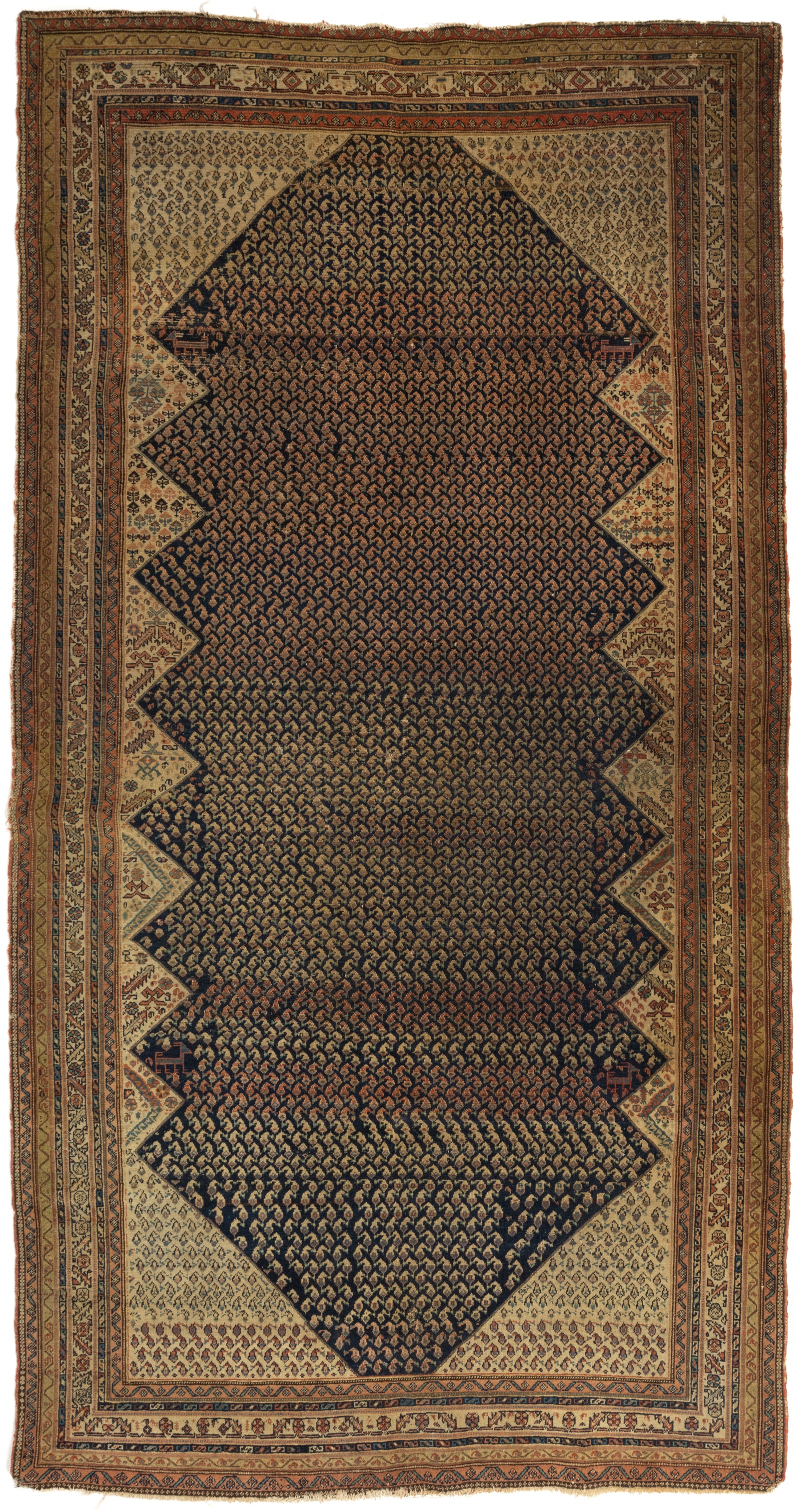 ANTIQUE SERRAH PERSIAN SCATTER RUG / CARPET: ANTIQUE SERRAH PERSIAN SCATTER RUG / CARPET, featuring a large center medallion with dark blue ground and intricate geometric design surrounded by cream areas of stylized flowers and geometric shapes,