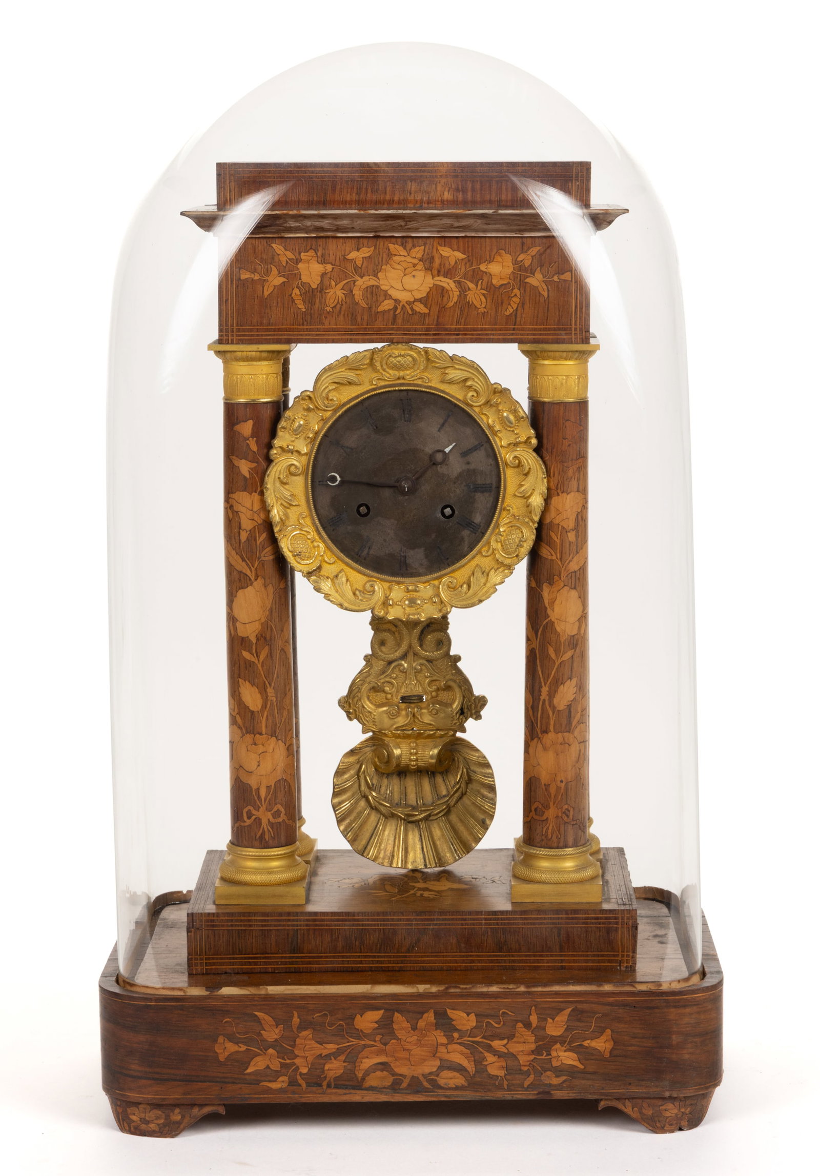 FRENCH NAPOLEON III-STYLE MARQUETRY-INLAID ROSEWOOD PORTICO SHELF CLOCK IN MATCHING DOME (1 of 7)