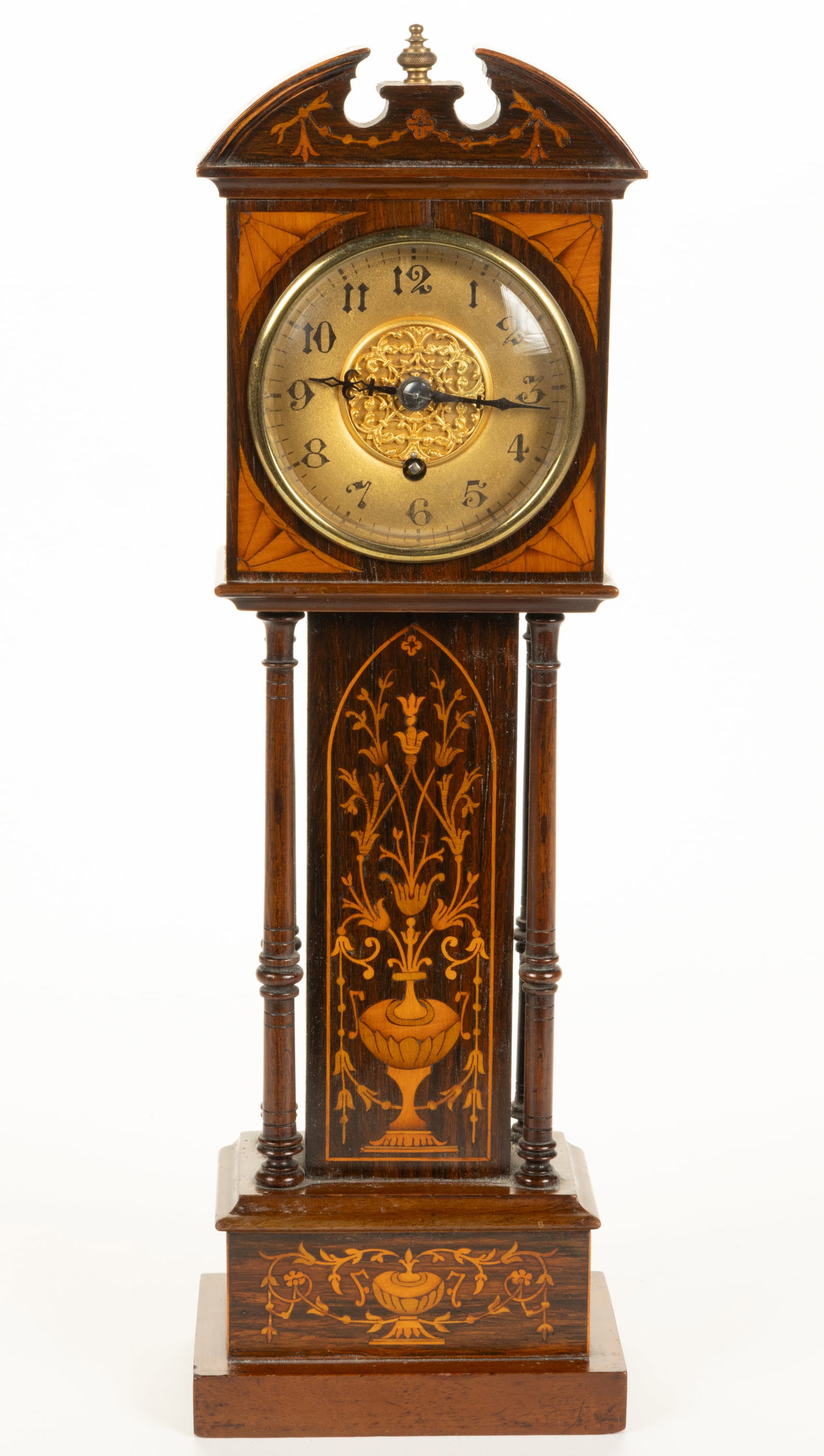ENGLISH EDWARDIAN INLAID ROSEWOOD / MAHOGANY MINIATURE TALL-CASE CLOCK (1 of 4)