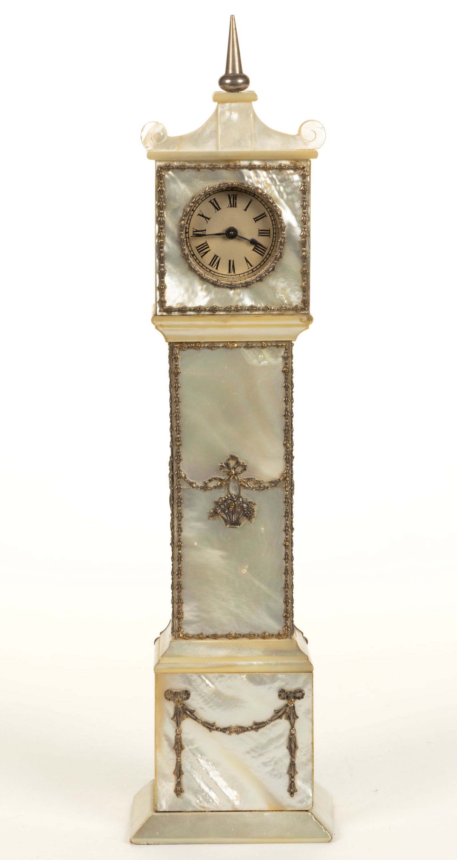CONTINENTAL MOTHER-OF-PEARL MINIATURE TALL CASE CLOCK / DESK CLOCK (1 of 4)