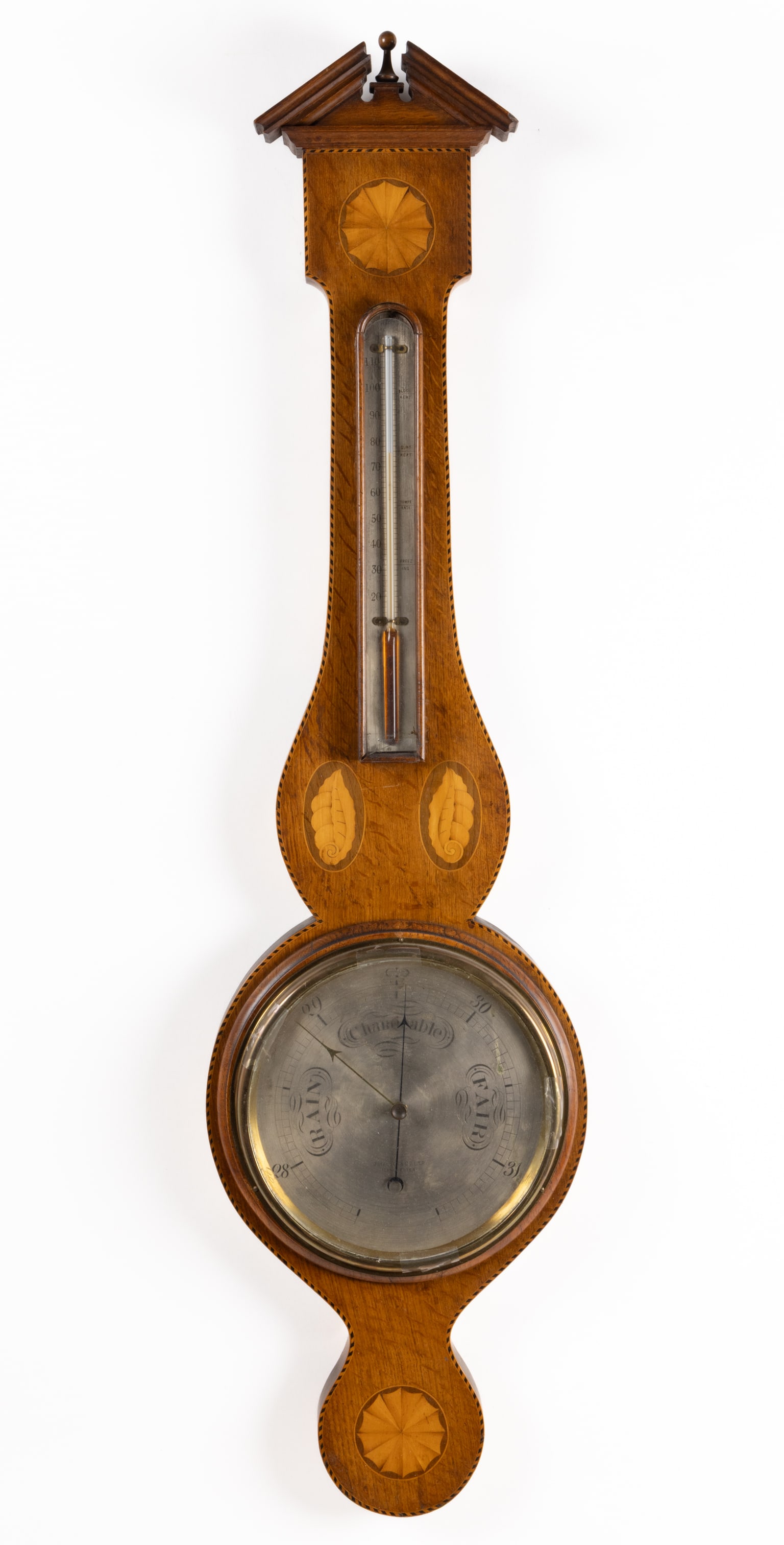 ENGLISH GEORGIAN-STYLE INLAID OAK WHEEL / BANJO BAROMETER (1 of 3)