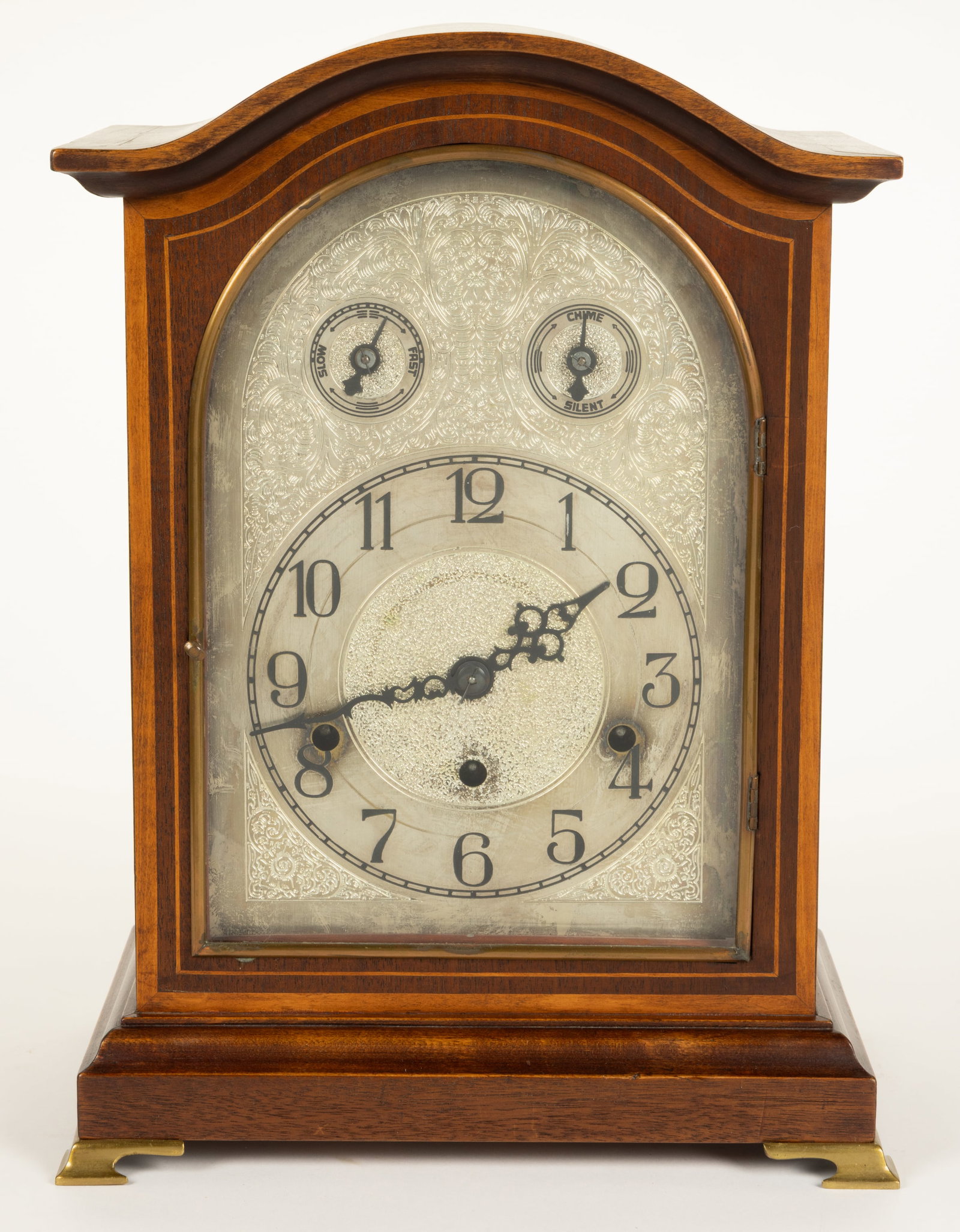 GERMAN ATTRIBUTED KIENZLE MAHOGANY AND INLAY WESTMINISTER CHIME BRACKET SHELF / TABLE CLOCK (1 of 5)