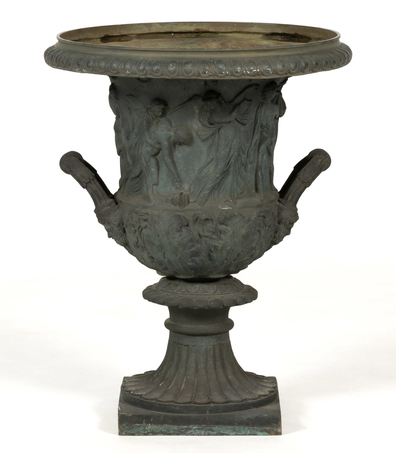 PIERRE-PHILIPPE THOMIRE (FRENCH, 1751-1843) BRONZE GARDEN URN: PIERRE-PHILIPPE THOMIRE (FRENCH, 1751-1843) BRONZE GARDEN URN, after the Borghese vase, the cast body with a number of dancing figures, the side with foliate reeded handles with Classical face termina