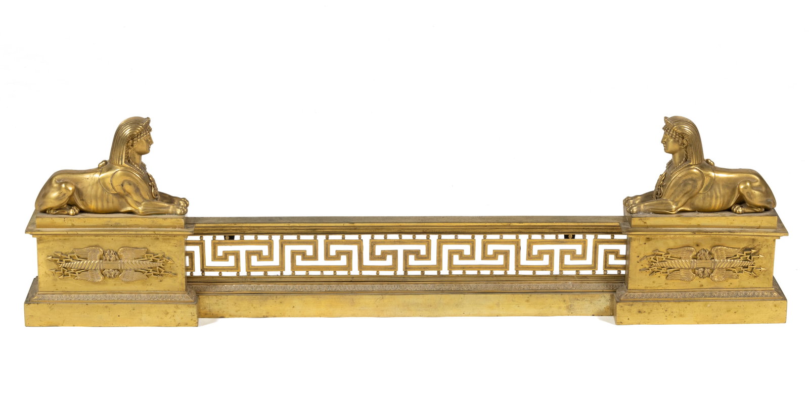 EUROPEAN GILT / DORE BRONZE EGYPTIAN-REVIVAL SPHINX CHENETS WITH FENDER (1 of 3)