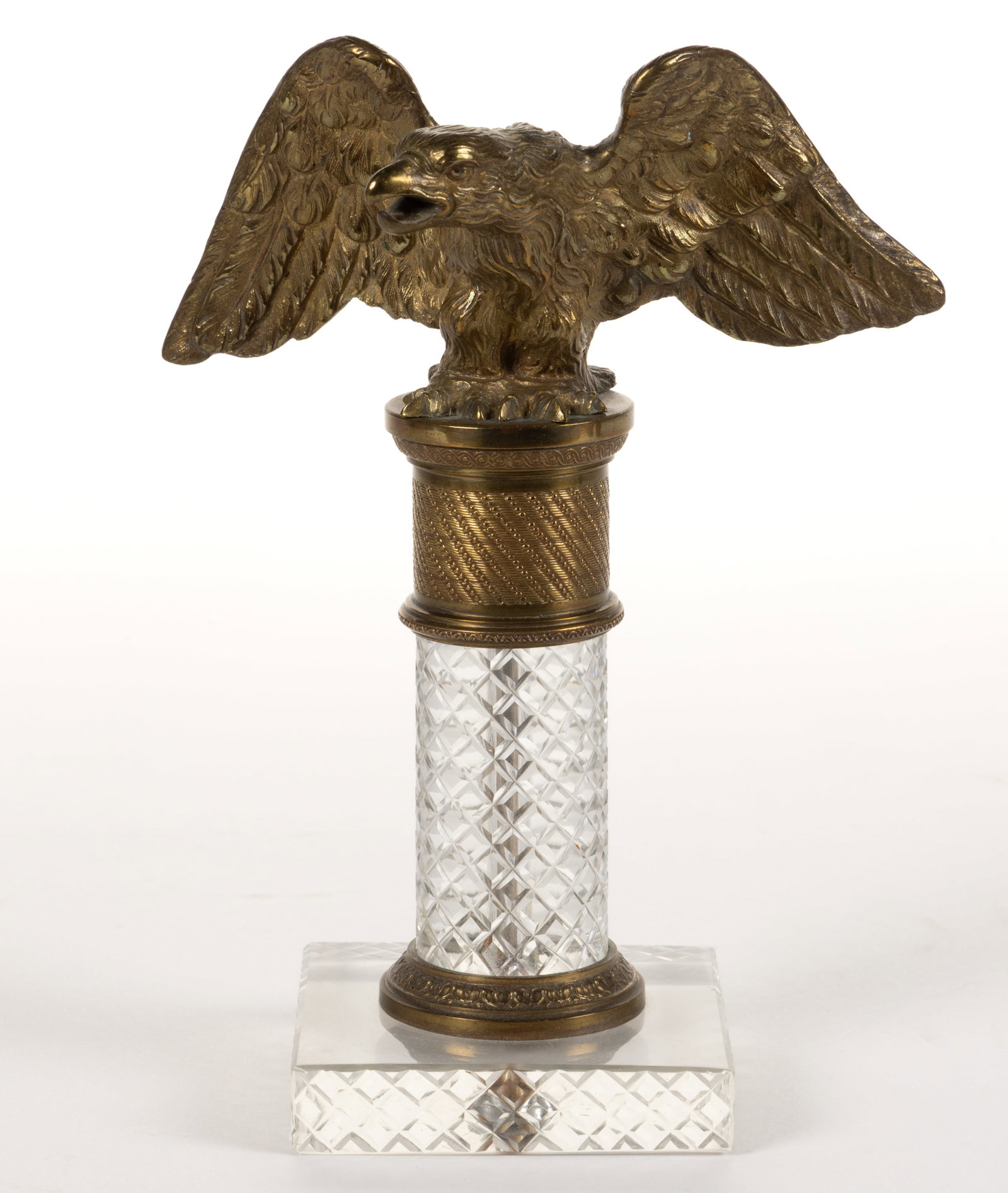 FRENCH NAPOLEON III DORE / GILT BRONZE / BRASS AND CUT GLASS POCKET WATCH STAND / HOLDER: FRENCH NAPOLEON III DORE / GILT BRONZE / BRASS AND CUT GLASS POCKET WATCH STAND / HOLDER, the spread-wing eagle with its head turned slightly to its right and his mouth open enough to allow the b