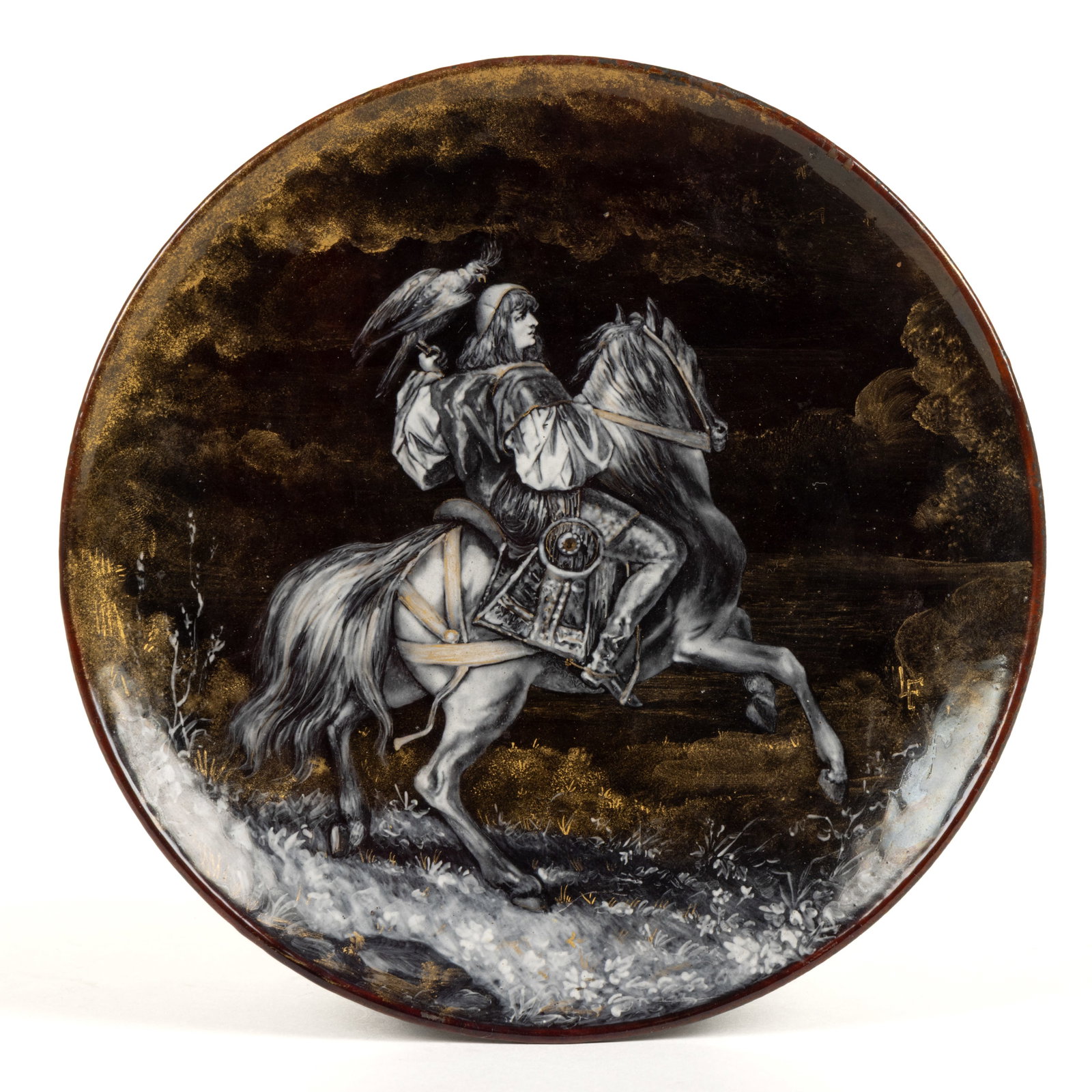 FRENCH LIMOGES DIMINUTIVE HAND-PAINTED ENAMEL CABINET PLATE: FRENCH LIMOGES DIMINUTIVE HAND-PAINTED ENAMEL CABINET PLATE, probably copper with an enamel coating, depicting a man on horseback carrying a large parrot or similar bird, the background clouds and man