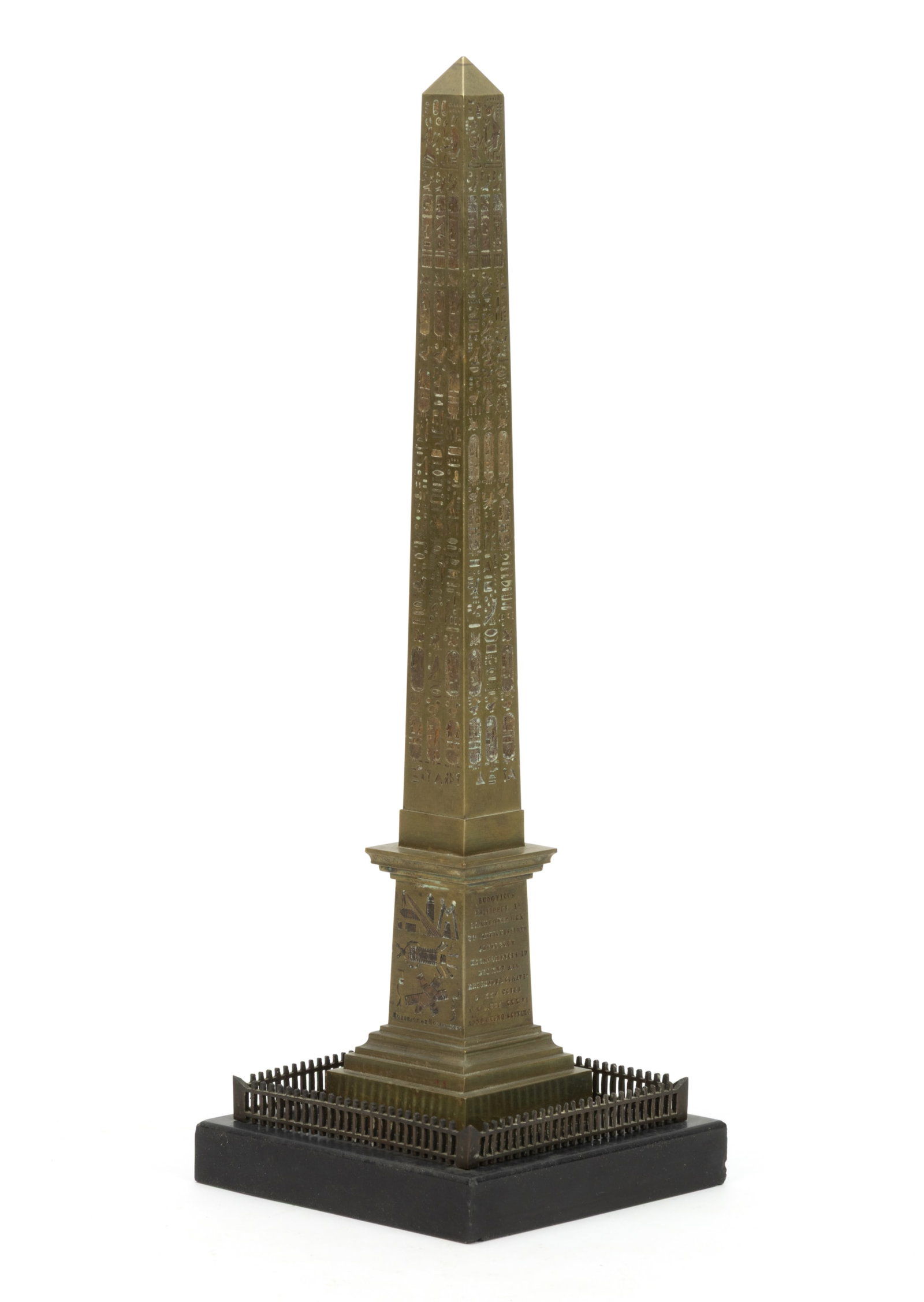 FRENCH PATINATED BRONZE GRAND TOUR MODEL OF THE LUXOR OBELISK: FRENCH PATINATED BRONZE GRAND TOUR MODEL OF THE LUXOR OBELISK, a good casting with very fine detail, depicting L'Obelisque de Louxor at Place de la Concorde, Paris, each side with carved