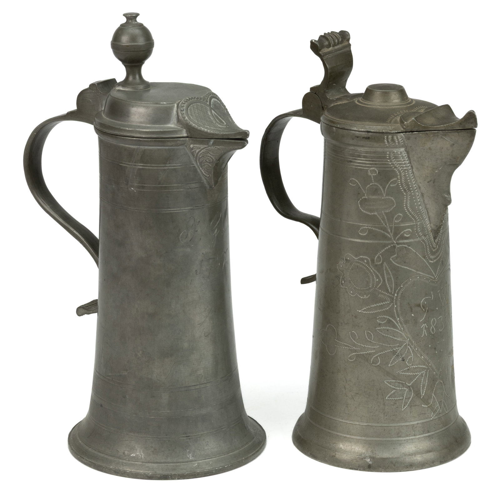 ASSORTED CONTINENTAL PEWTER SPOUTED FLAGONS / TANKARDS, LOT OF TWO (1 of 3)