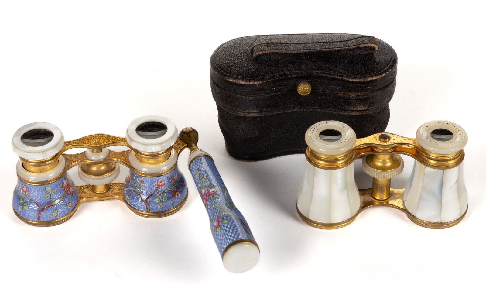 FRENCH ORMOLU BRASS / BRONZE AND GUILLOCHE ENAMEL / MOTHER-OF-PEARL OPERA GLASSES, LOT OF TWO (1 of 2)
