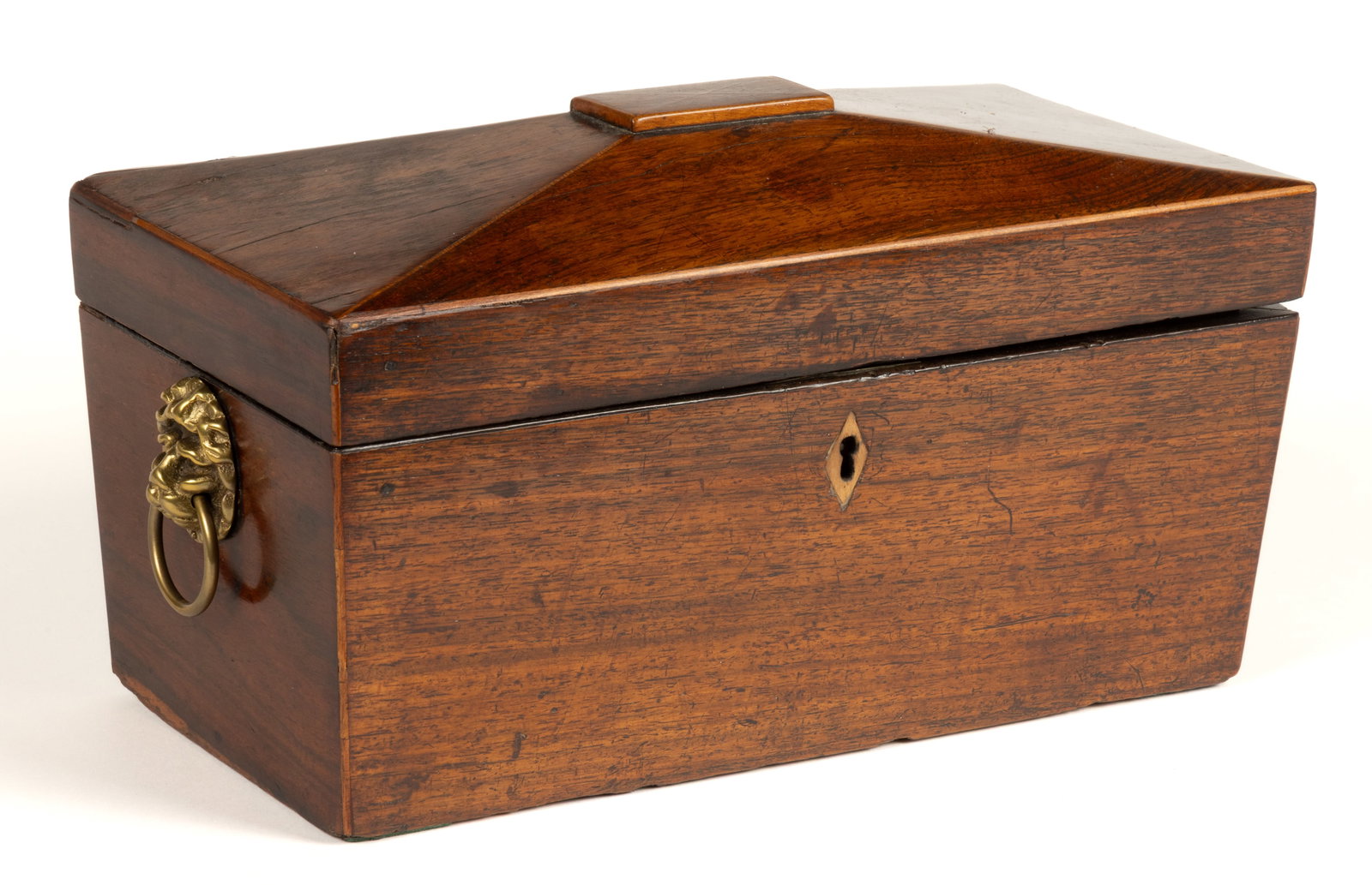 BRITISH MAHOGANY AND INLAY SARCOPHAGUS-FORM TEA CADDIE (1 of 9)
