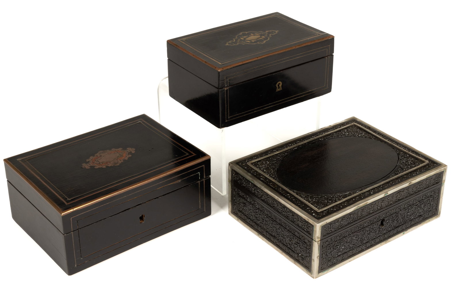 ASSORTED BRITISH EBONIZED WOODEN AND INLAID / ENCASED DOCUMENT / DRESSER BOXES, LOT OF THREE (1 of 4)