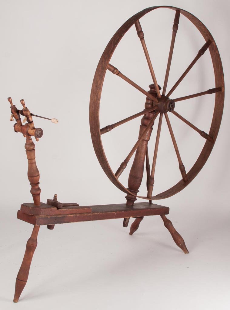 MID-ATLANTIC MIXED-WOOD WOOL SPINNING WHEEL: MID-ATLANTIC MIXED-WOOD WOOL SPINNING WHEEL, turned spindles, supports and legs, molded and chip-carved bed signed "I. HOOK". Excellent original natural surfaces. Probably John Hook, Western Pennsylva