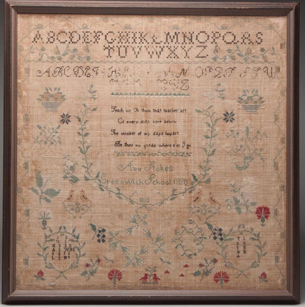 ANN STOKES, GLOUCESTER CO., NEW JERSEY 1810 NEEDLEWORK: ANN STOKES, GLOUCESTER CO., NEW JERSEY 1810 NEEDLEWORK SAMPLER, silk on linen, four lines of letters above a four-line verse and "Ann Stokes / Greenwich School 1810 / 1810", surrounded by flower baske