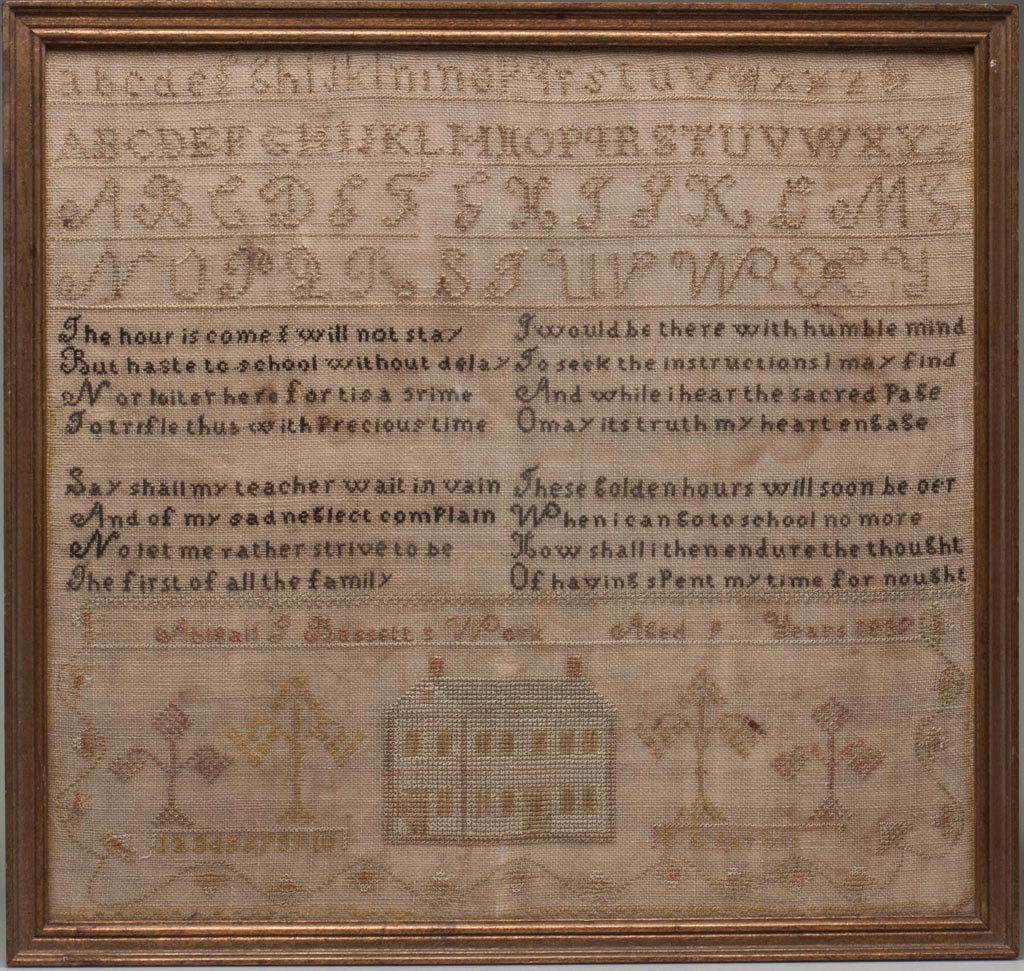ABIGAIL J. BASSETT, 1837 NEEDLEWORK SAMPLER: ABIGAIL J. BASSETT, 1837 NEEDLEWORK SAMPLER, silk on linen, four lines of letters above four four-line verses and "Abigail J. Bassett's Work, Aged 9 Years 1837", lower panel with a central two-story h