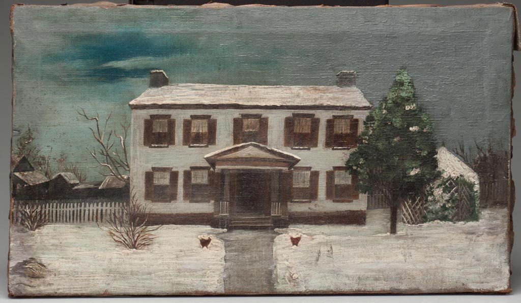 SHENANDOAH VALLEY OF VIRGINIA NAÏVE LANDSCAPE PAINTING: SHENANDOAH VALLEY OF VIRGINIA NAÏVE LANDSCAPE PAINTING, oil on canvas, a winter depiction of a two-story white-painted house with adjacent outbuildings, gazebo, and picket fence, illegible pencil ins