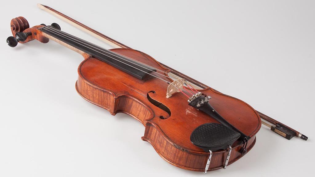 RARE VIRGINIA MADE VIOLIN: RARE VIRGINIA MADE VIOLIN, traditional form with carved scroll and simple line inlay, printed interior label reads "The BALL Violin, / Oakshade, Va. / No 1. Jan, 1899 / Made by W. A. Ball", with bow. 