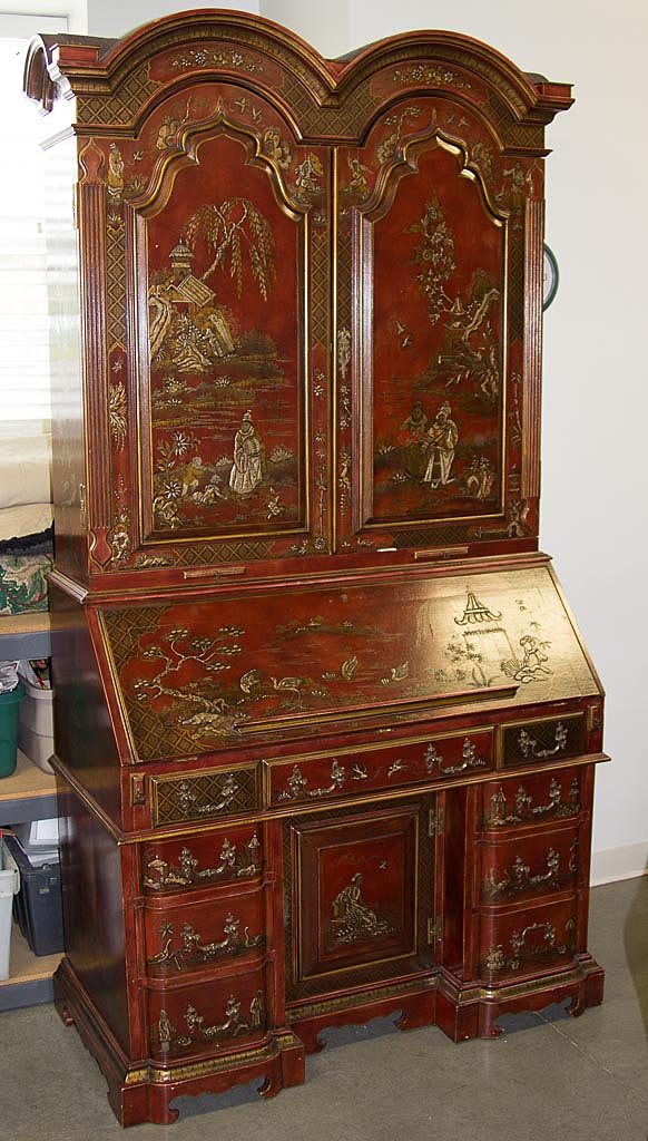 GEORGIAN-STYLE JAPANNED DESK AND BOOKCASE: GEORGIAN-STYLE JAPANNED DESK AND BOOKCASE, in two sections, the top extensively fitted with cubby holes, doors, drawers and compartments, the fall-board concealing a fitted interior with hidden compar