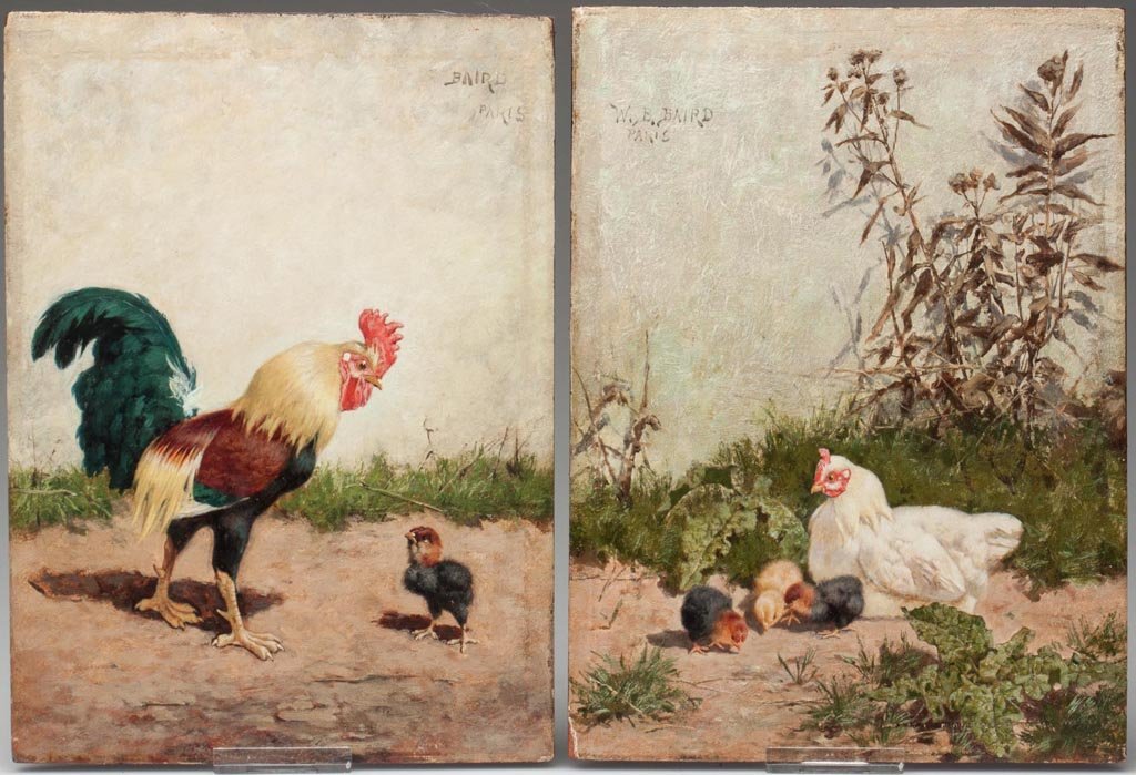 WILLIAM BAPTISTE BAIRD (AMERICAN, 1847-1917) PAIR OF: WILLIAM BAPTISTE BAIRD (AMERICAN, 1847-1917) PAIR OF DOMESTIC FOWL PAINTINGS, oil on wooden panels, one depicting a rooster and chick, signed "BAIRD / PARIS" upper right corner, the other featuring a
