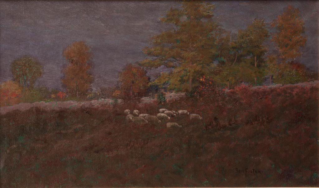 BEN FOSTER (AMERICAN, 1852-1926) LANDSCAPE PAINTING: BEN FOSTER (AMERICAN, 1852-1926) LANDSCAPE PAINTING, oil on canvas, depicting 13 sheep grazing in a meadow, signed "Ben Foster" lower right. Period gilt and gesso frame. Late 19th/first quarter 20th c