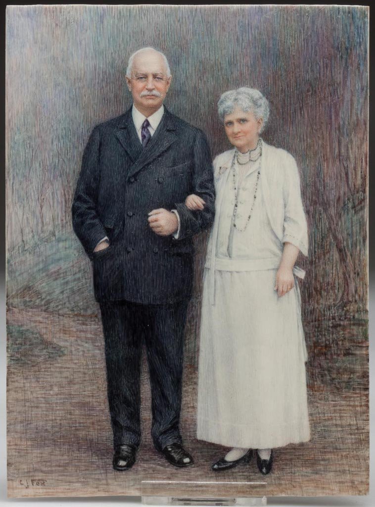 IRVING RESNIKOFF (RUSSIAN, 1897-1988) MINIATURE DOUBLE: IRVING RESNIKOFF (RUSSIAN, 1897-1988) MINIATURE DOUBLE PORTRAIT, watercolor on ivory, an outstanding full-length depiction of a distinguished elderly couple, signed "C J Fox" lower left, the alias use