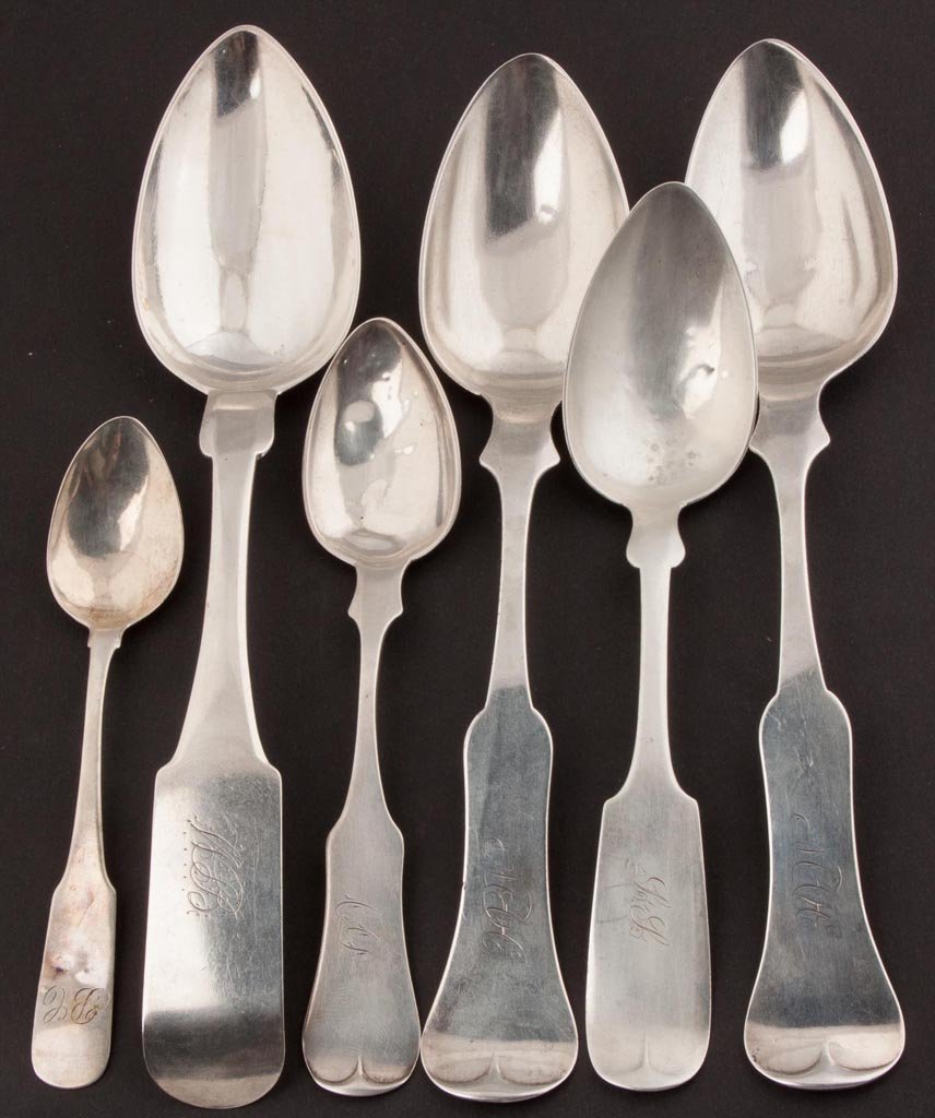ASSORTED SOUTHERN AND MIDWESTERN COIN SILVER SPOONS,: ASSORTED SOUTHERN AND MIDWESTERN COIN SILVER SPOONS, LOT OF SIX, comprising E. & D. Kinsey and R. L. Frazer, Kentucky, T. Spear, Columbus , GA, another illegible mark thought to be GA, and a pair of E