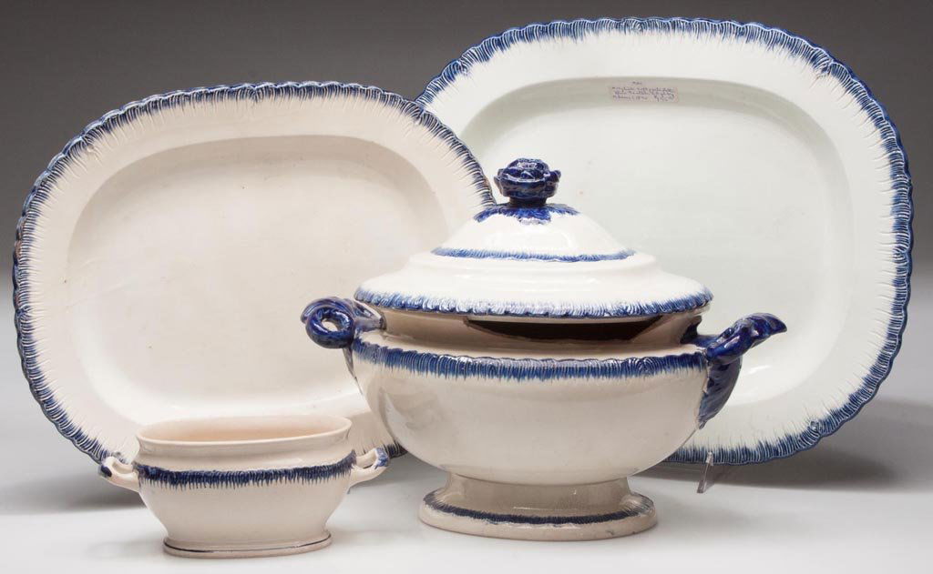ENGLISH FEATHER-EDGE PEARLWARE ARTICLES, LOT OF FOUR: ENGLISH FEATHER-EDGE PEARLWARE ARTICLES, LOT OF FOUR, each with blue edge, comprising a marked Adams large rounded rectangular platter, another similar platter, a footed, covered ovular soup tureen wi