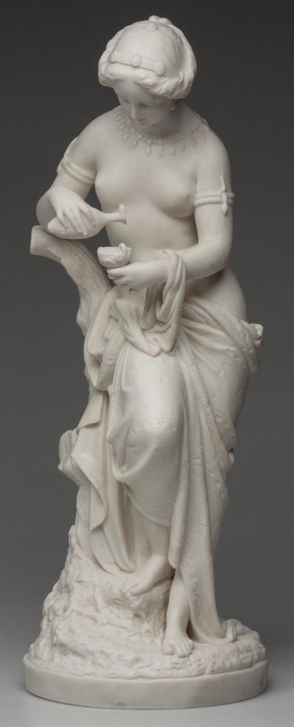 MINTON PORCELAIN VICTORIAN "PSYCHE" PARIAN FIGURE: MINTON PORCELAIN VICTORIAN "PSYCHE" PARIAN FIGURE, by A. E. Carrier De Belleuse, shape number 287, the figure of a standing woman, pouring a potion from a vessel. Dated 1851. 17 3/8" H, 6 3/8" D base.