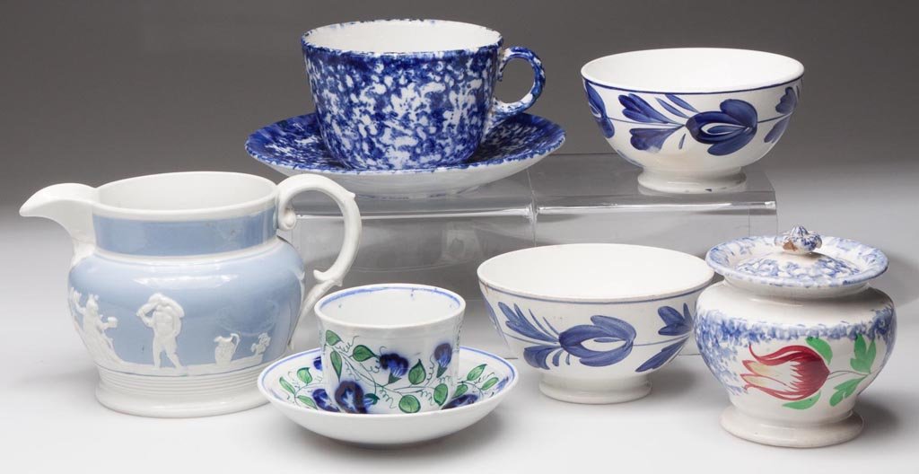 BRITISH AND BELGIAN CERAMIC ARTICLES, LOT OF EIGHT: BRITISH AND BELGIAN CERAMIC ARTICLES, LOT OF EIGHT, comprising a blue sponged ironstone covered, footed jar decorated in stick-spatter style; an ironstone panelled teabowl and saucer, decorated in Gau