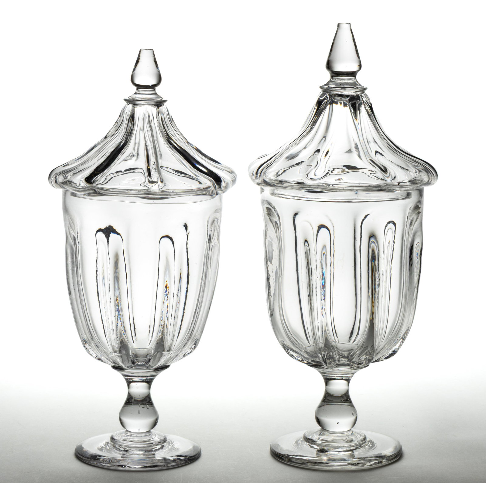 MASSIVE PILLAR-MOLDED URN-FORM PAIR OF APOTHECARY JARS WITH COVERS (1 of 1)