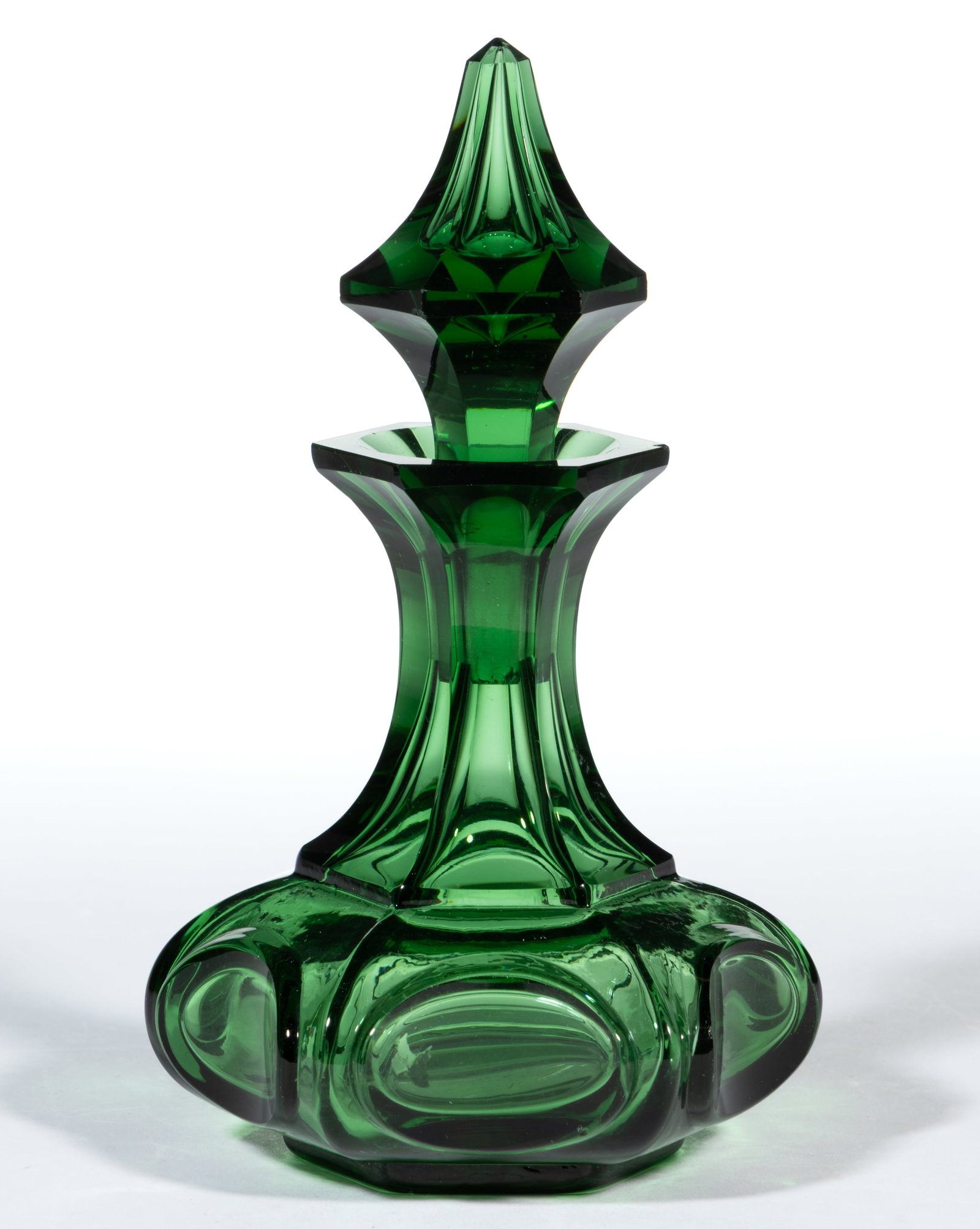 PRESSED PANELED HORIZONTAL OVALS COLOGNE BOTTLE: PRESSED PANELED HORIZONTAL OVALS COLOGNE BOTTLE, deep forest green, large size hexagonal bottle with panel-cut neck, factory polished lip, ovals, table ring and pontil mark, original hexagonal air-tra