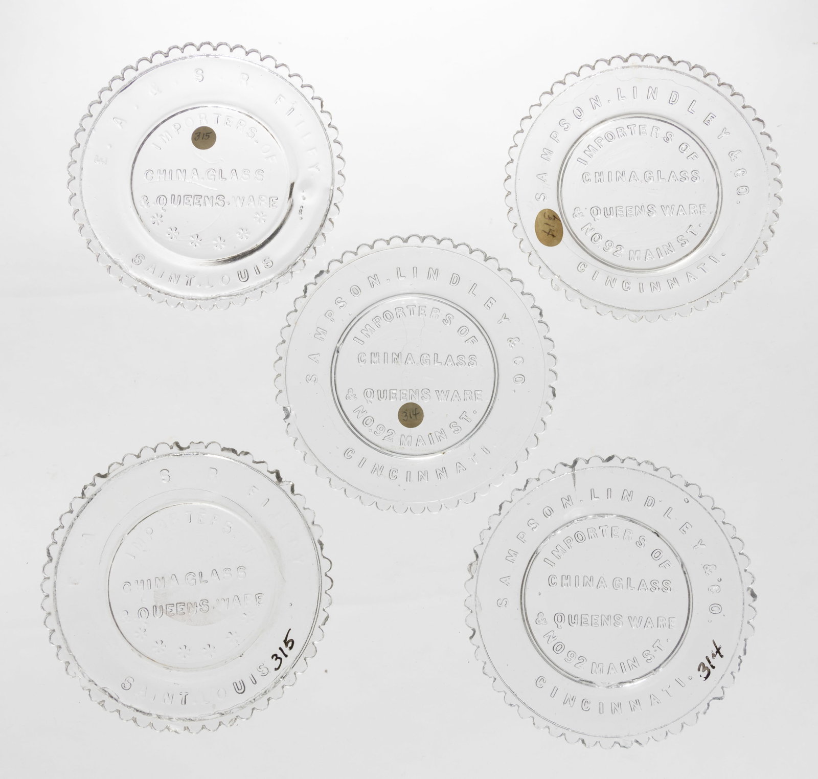LEE/ROSE NO. 314 (THREE) AND 315 (TWO) CUP PLATES, LOT OF FIVE (1 of 1)
