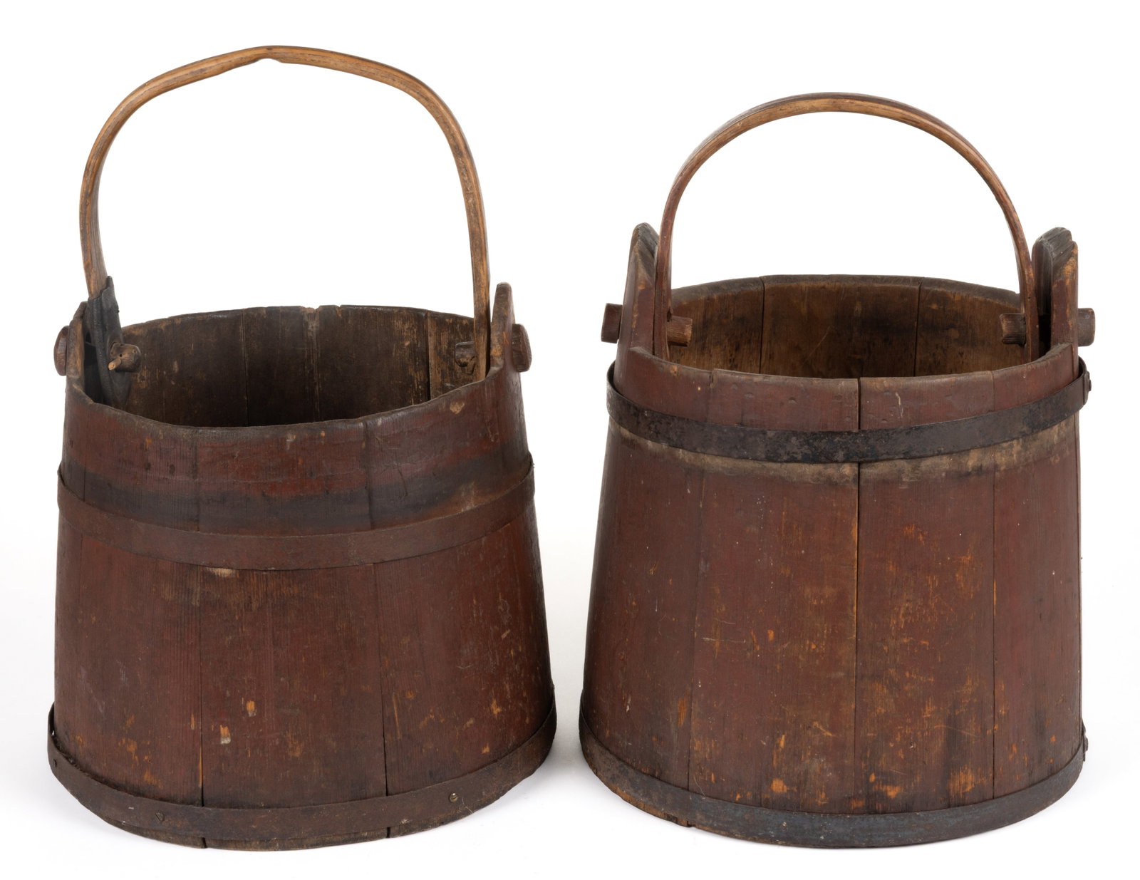 AMERICAN PAINTED TREEN WELL BUCKETS / PAILS, LOT OF TWO (1 of 5)