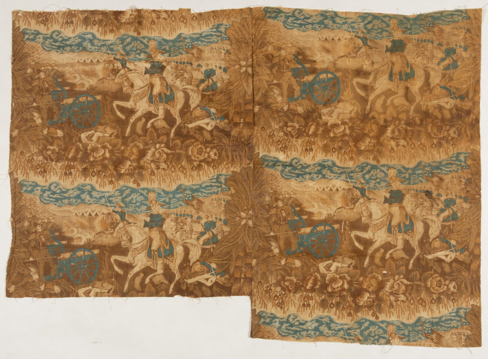 MEXICAN-AMERICAN WAR ZACHARY TAYLOR PRINTED HISTORICAL TEXTILE: MEXICAN-AMERICAN WAR ZACHARY TAYLOR PRINTED HISTORICAL TEXTILE, Toile de Jouy roller-printed cotton fabric, two joined fragment panels, repeated battle scene depicting General Zachary Taylor on horse 