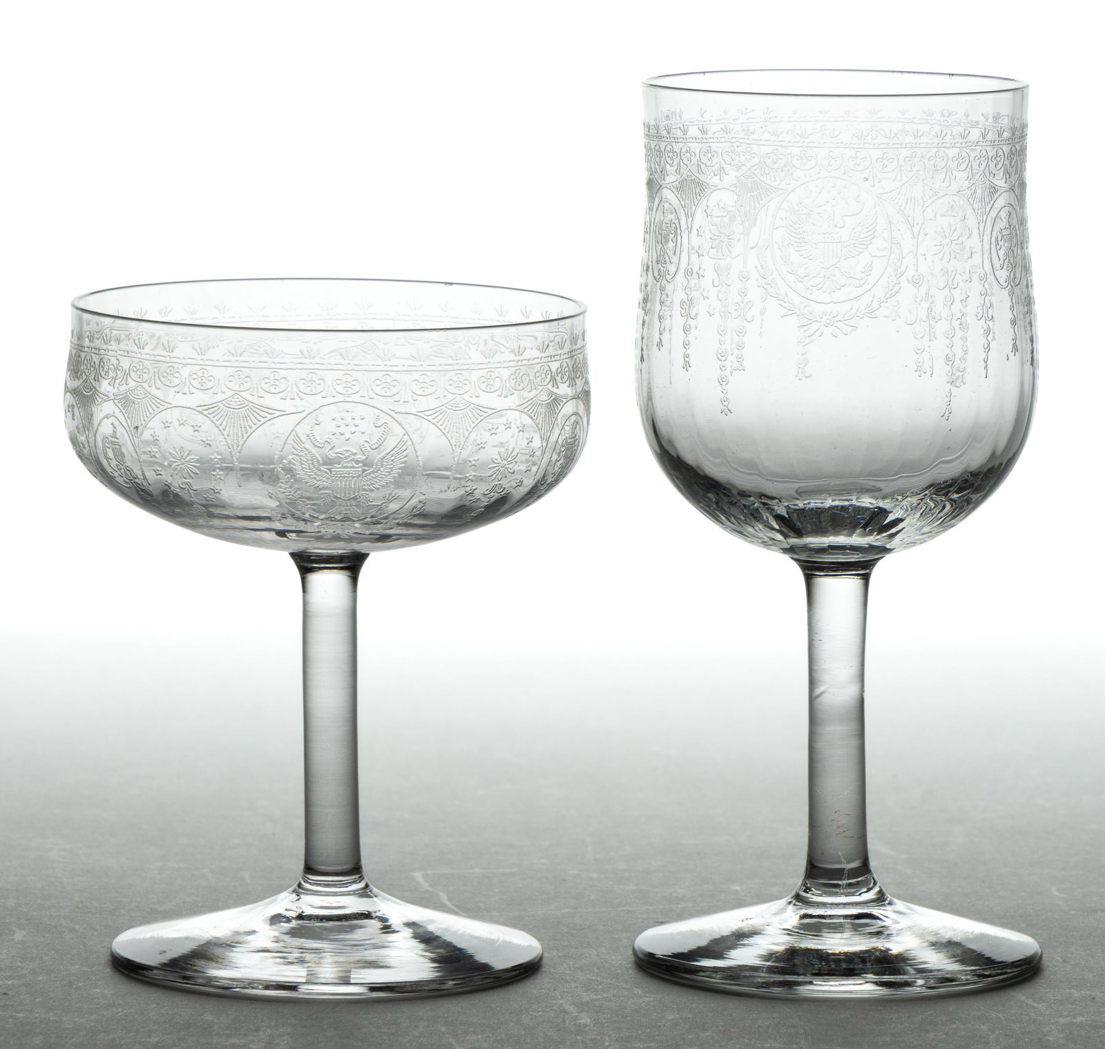 THEODORE ROOSEVELT PRESIDENTIAL ETCHED CRYSTAL CHAMPAGNE GLASSES, LOT OF TWO (1 of 1)