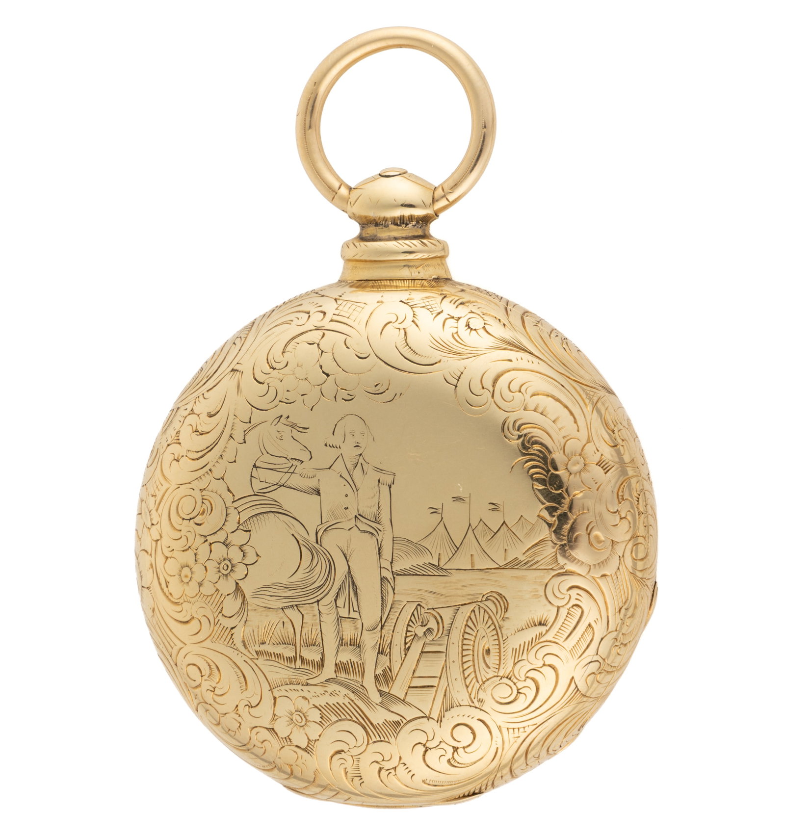 ENGLISH GEORGIAN 18K YELLOW GOLD-CASED POCKET WATCH WITH ENGRAVED PORTRAIT OF GEORGE WASHINGTON: ENGLISH GEORGIAN 18K YELLOW GOLD-CASED POCKET WATCH WITH ENGRAVED PORTRAIT OF GEORGE WASHINGTON, key-wind, chain fusee movement with plain three-arm steel balance and a rose-cut diamond end cap, cock 