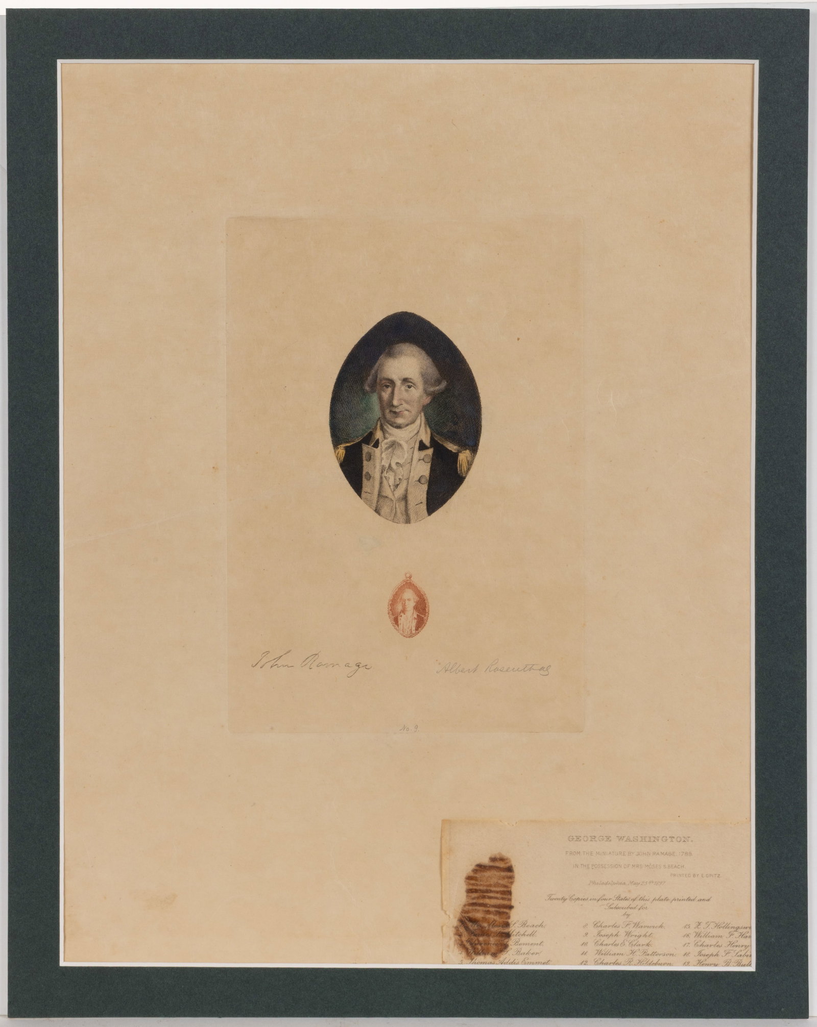 RARE ALBERT ROSENTHAL (AMERICAN, 1863-1939) SIGNED AND LIMITED ENGRAVING OF GEORGE WASHINGTON (1 of 6)