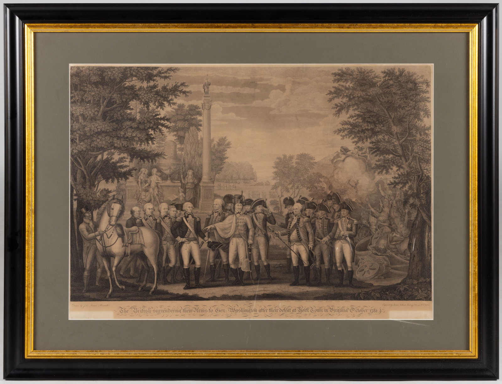 AFTER JOHN FRANCIS RENAULT (FRENCH / AMERICAN, ACTIVE 1781-1819) REVOLUTIONARY WAR PRINT: AFTER JOHN FRANCIS RENAULT (FRENCH / AMERICAN, ACTIVE 1781-1819) REVOLUTIONARY WAR PRINT, engraving on paper, titled The British Surrendering their Arms to Gen. Washington after their defeat at Y