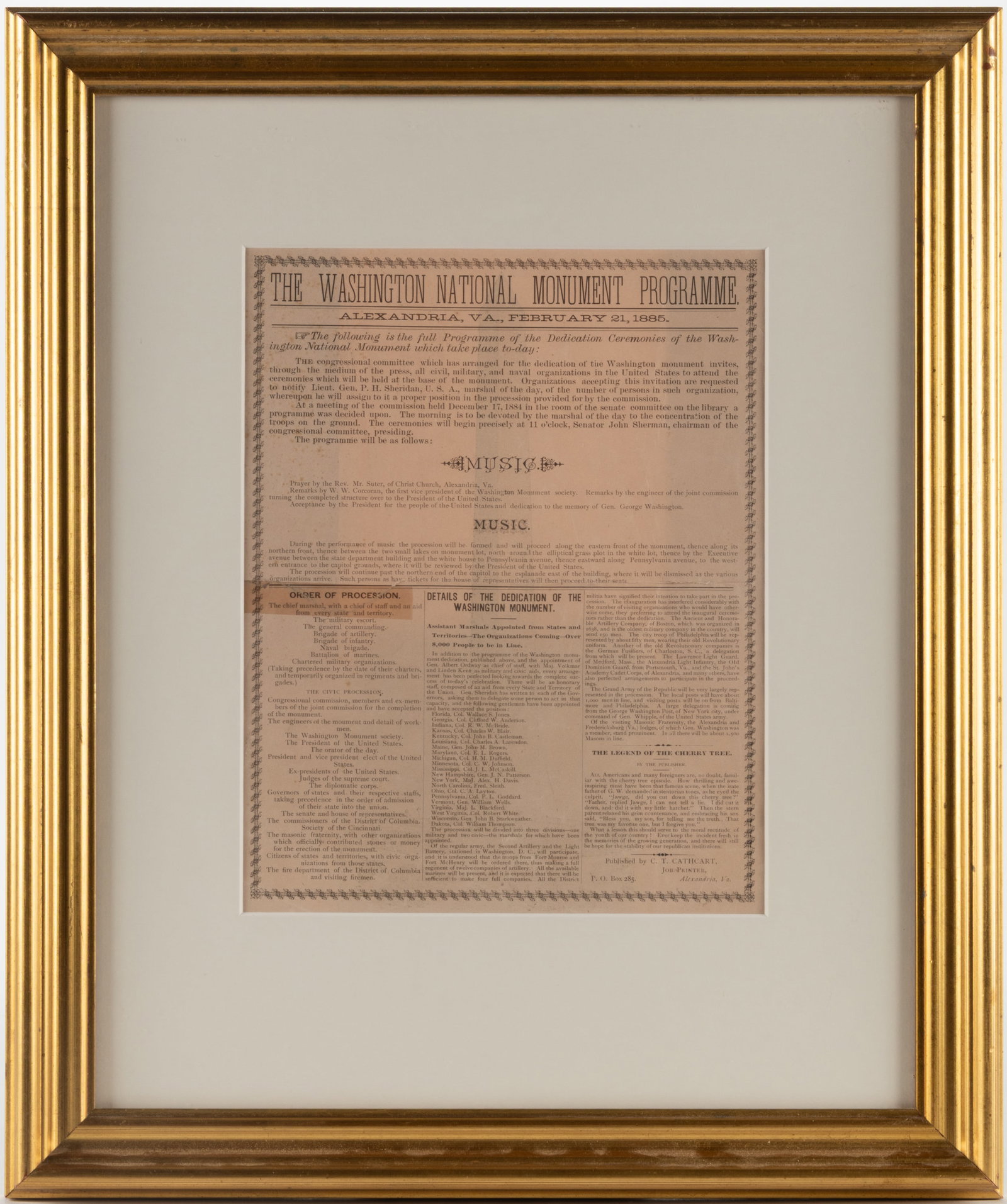 RARE WASHINGTON MONUMENT DEDICATION PROGRAM: RARE WASHINGTON MONUMENT DEDICATION PROGRAM, printed on pink paper, titled The Washington National Monument Programme. Alexandria, VA., February 21, 1885." above "The following is 