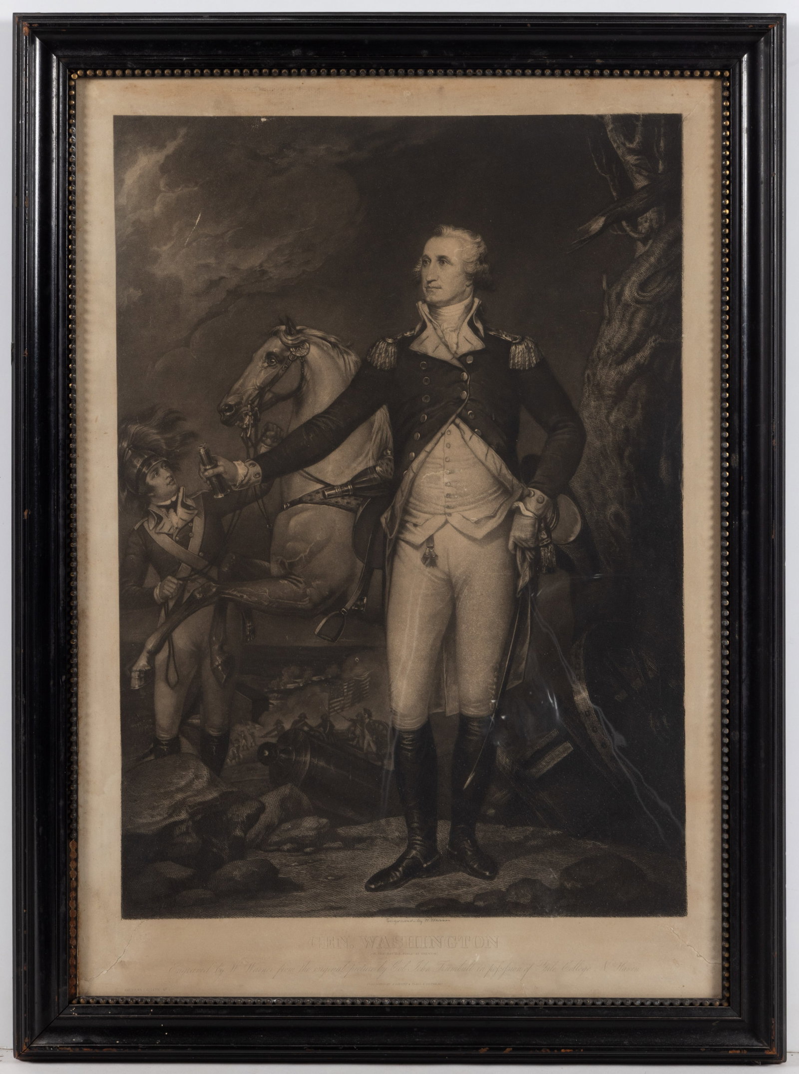 AFTER JOHN TRUMBULL (AMERICAN, 1756-1843) GEORGE WASHINGTON PRINT: AFTER JOHN TRUMBULL (AMERICAN, 1756-1843) GEORGE WASHINGTON PRINT, engraving on paper, titled Gen. Washington [On The Battle Field At Trenton]. Engraved by W. Warner from the original picture by Col.