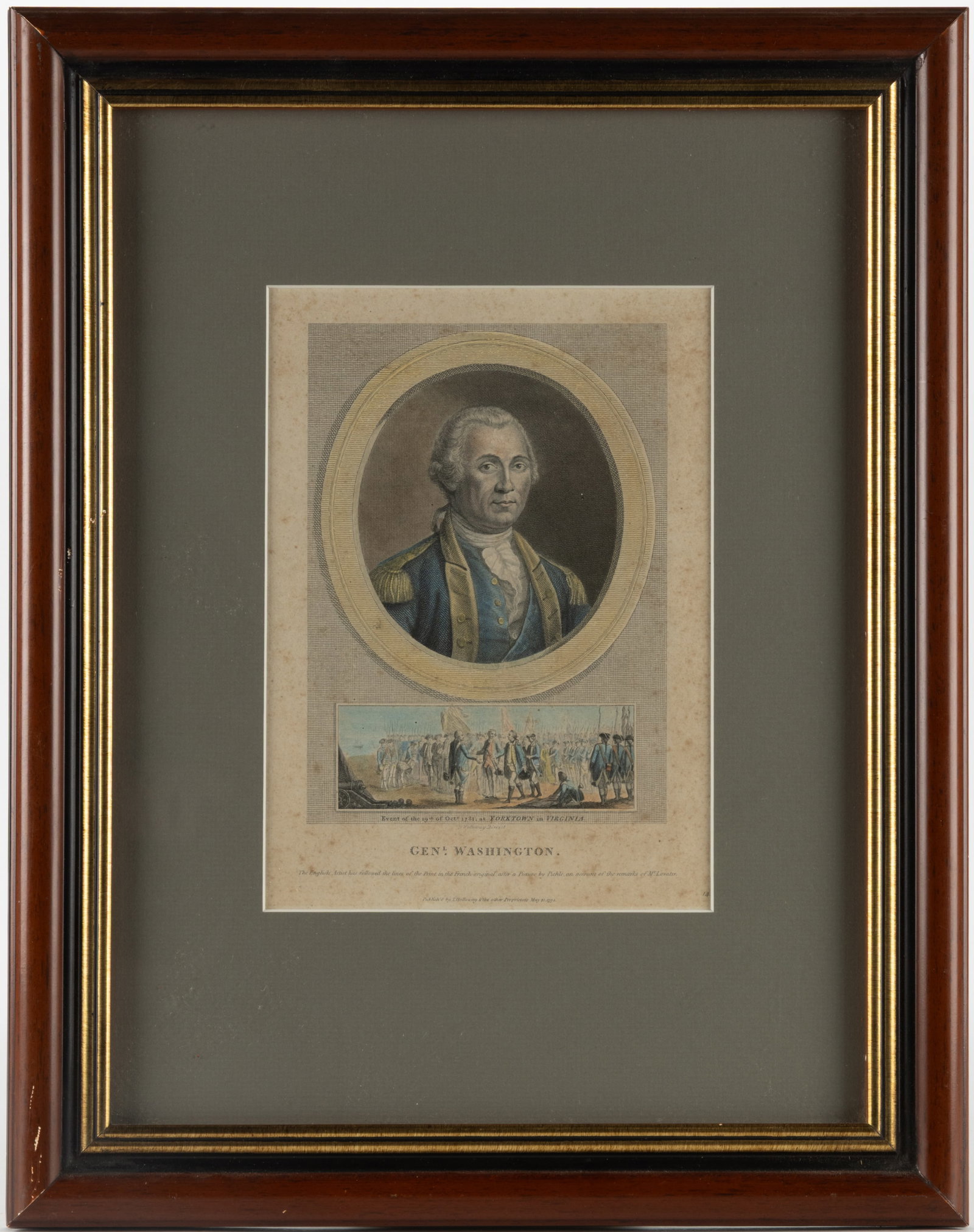 THOMAS HOLLOWAY (BRITISH, 1748-1827) GEORGE WASHINGTON PRINT: THOMAS HOLLOWAY (BRITISH, 1748-1827) GEORGE WASHINGTON PRINT, hand-colored engraving on rag paper, the oval portrait based on Charles Wilson Peale (American, 1741-1827) above a vignette of the