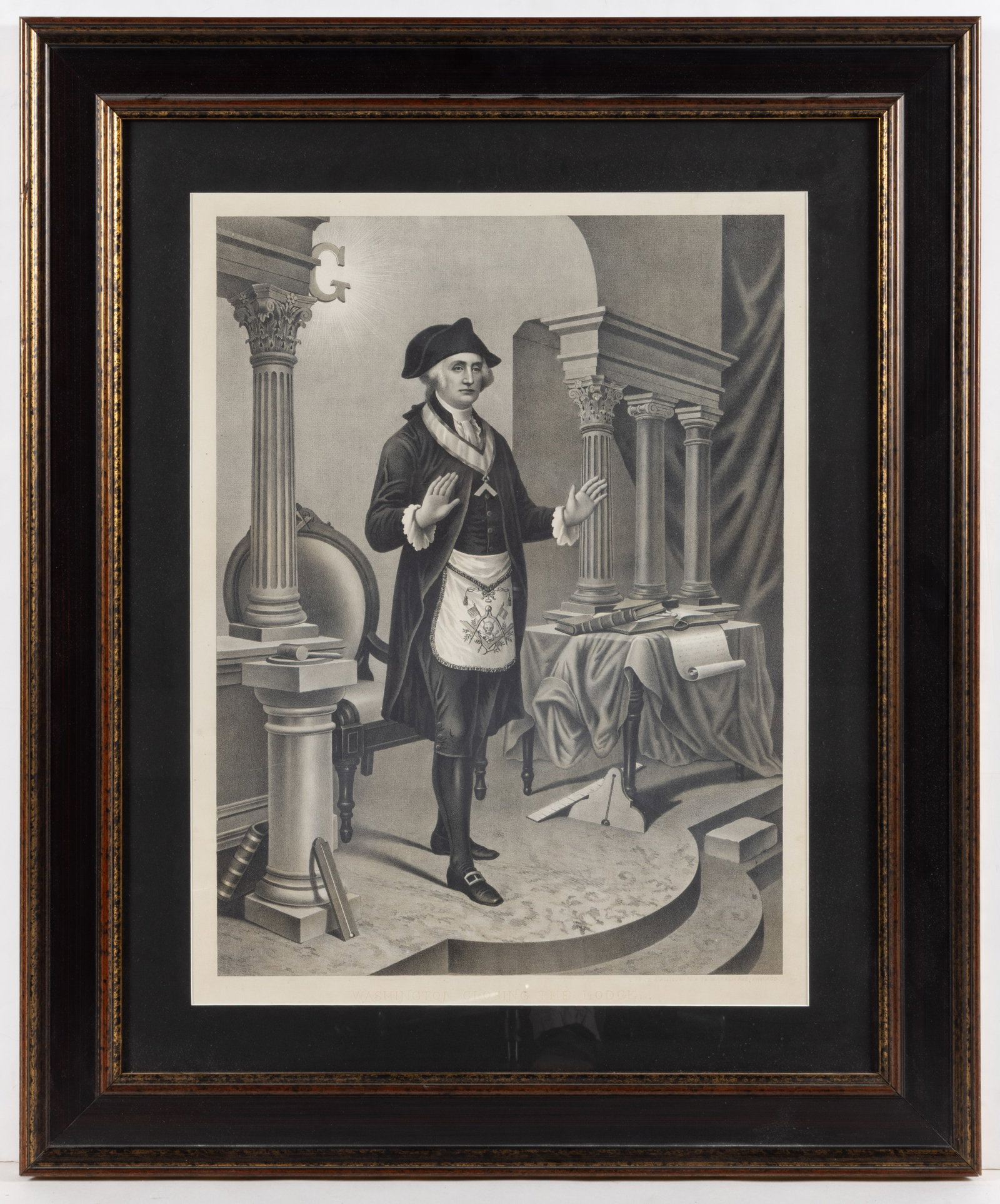 GEORGE WASHINGTON MASONIC HISTORICAL PRINT: GEORGE WASHINGTON MASONIC HISTORICAL PRINT, lithograph on paper, titled Washington Closing The Lodge, published by Kurz & Allison, Chicago. Depicting Washington as a Master Mason