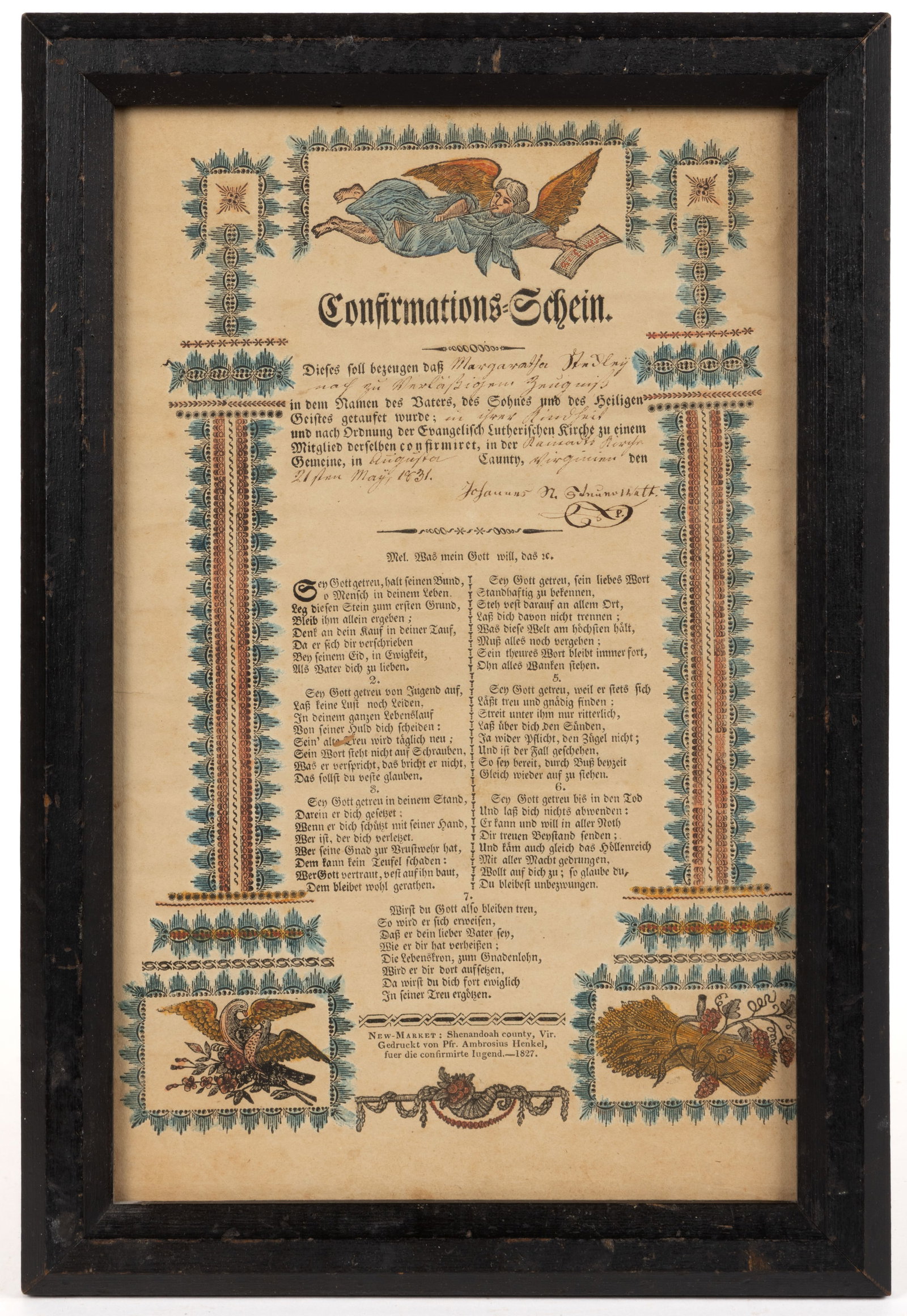 HENKEL PRESS, NEW MARKET, SHENANDOAH VALLEY OF VIRGINIA, CERTIFICATE OF CONFIRMATION BROADSIDE (1 of 3)