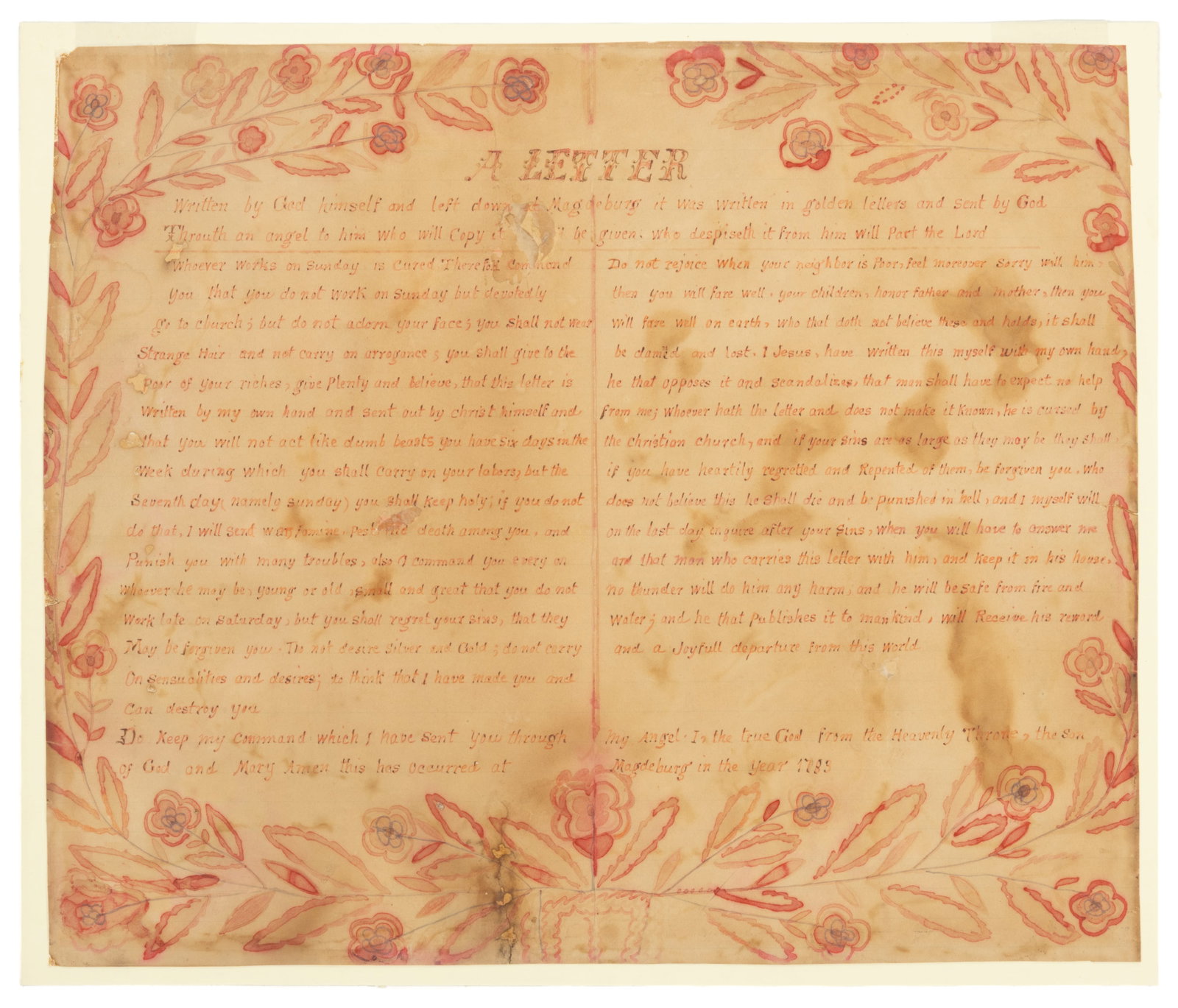SHENANDOAH VALLEY OF VIRGINIA FOLK ART FRAKTUR-STYLE LETTER FROM HEAVEN / HIMMELSBRIEF: SHENANDOAH VALLEY OF VIRGINIA FOLK ART FRAKTUR-STYLE LETTER FROM HEAVEN / HIMMELSBRIEF, watercolor on lined paper, depicting a stylized floral vine border originating from a potted plant at the lower 