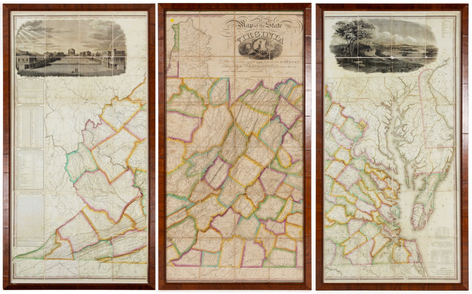 EXTREMELY RARE HERMAN BOYE (DANISH / AMERICAN, 1792-1830) VIRGINIA NINE-SHEET MAP: EXTREMELY RARE HERMAN BOYE (DANISH / AMERICAN, 1792-1830) VIRGINIA NINE-SHEET MAP, the center original section being a hand-colored engraving on paper mounted on linen, the flanking sections in f