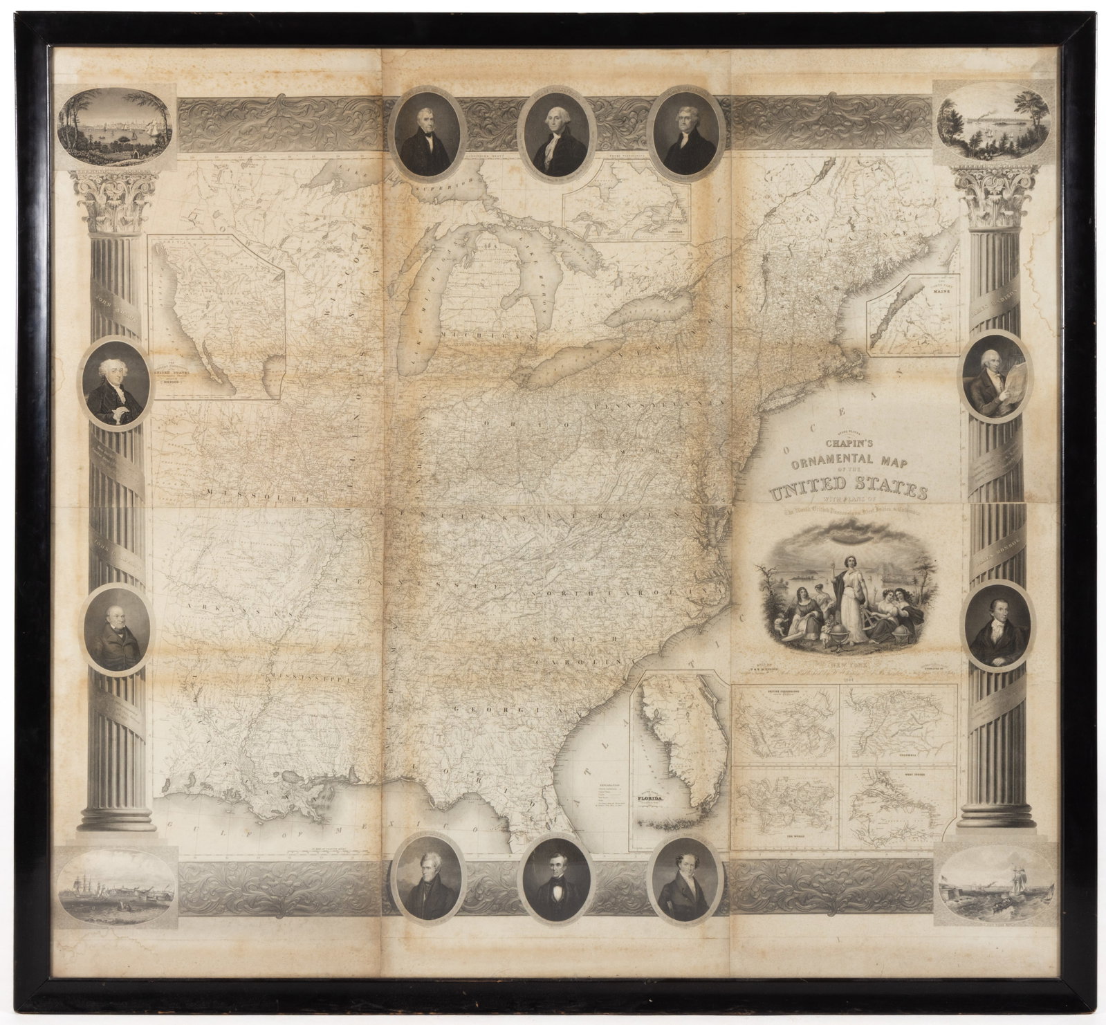 WILLIAM CHAPIN (AMERICAN, 1802-1888) UNITED STATES MAP, RARE 1844 EDITION: WILLIAM CHAPIN (AMERICAN, 1802-1888) UNITED STATES MAP, RARE 1844 EDITION, steel engraving on linen-backed paper, titled Chapin's Ornamental Map of the United States With Plans of The World, 