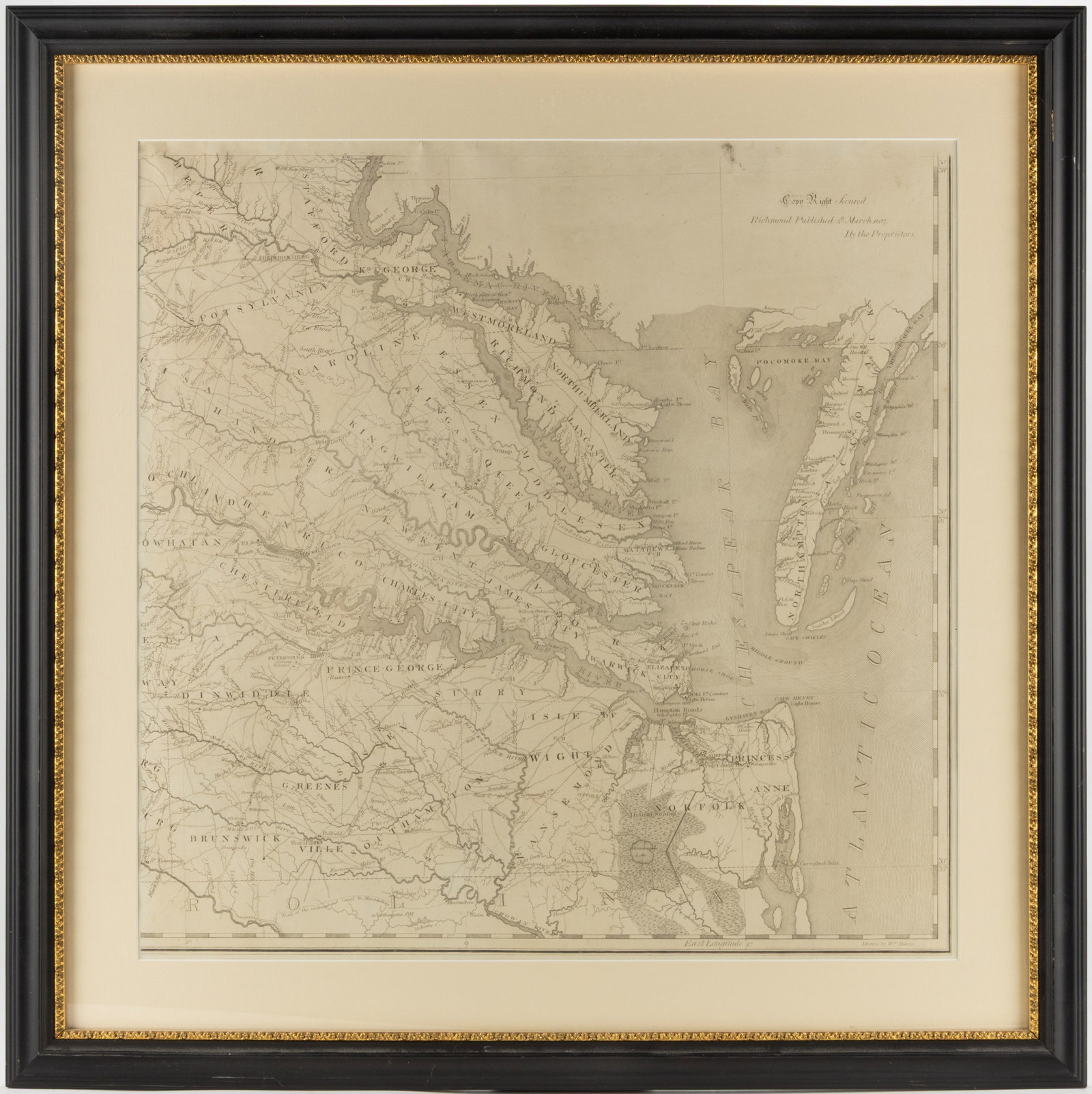 BISHOP JAMES MADISON (AMERICAN, 1749-1812) MAP OF VIRGINIA: BISHOP JAMES MADISON (AMERICAN, 1749-1812) MAP OF VIRGINIA, engraving on laid paper, engraved by Frederick Bossler (Virginia, active 1803-1807), lettered to upper right corner "Copy Right Se