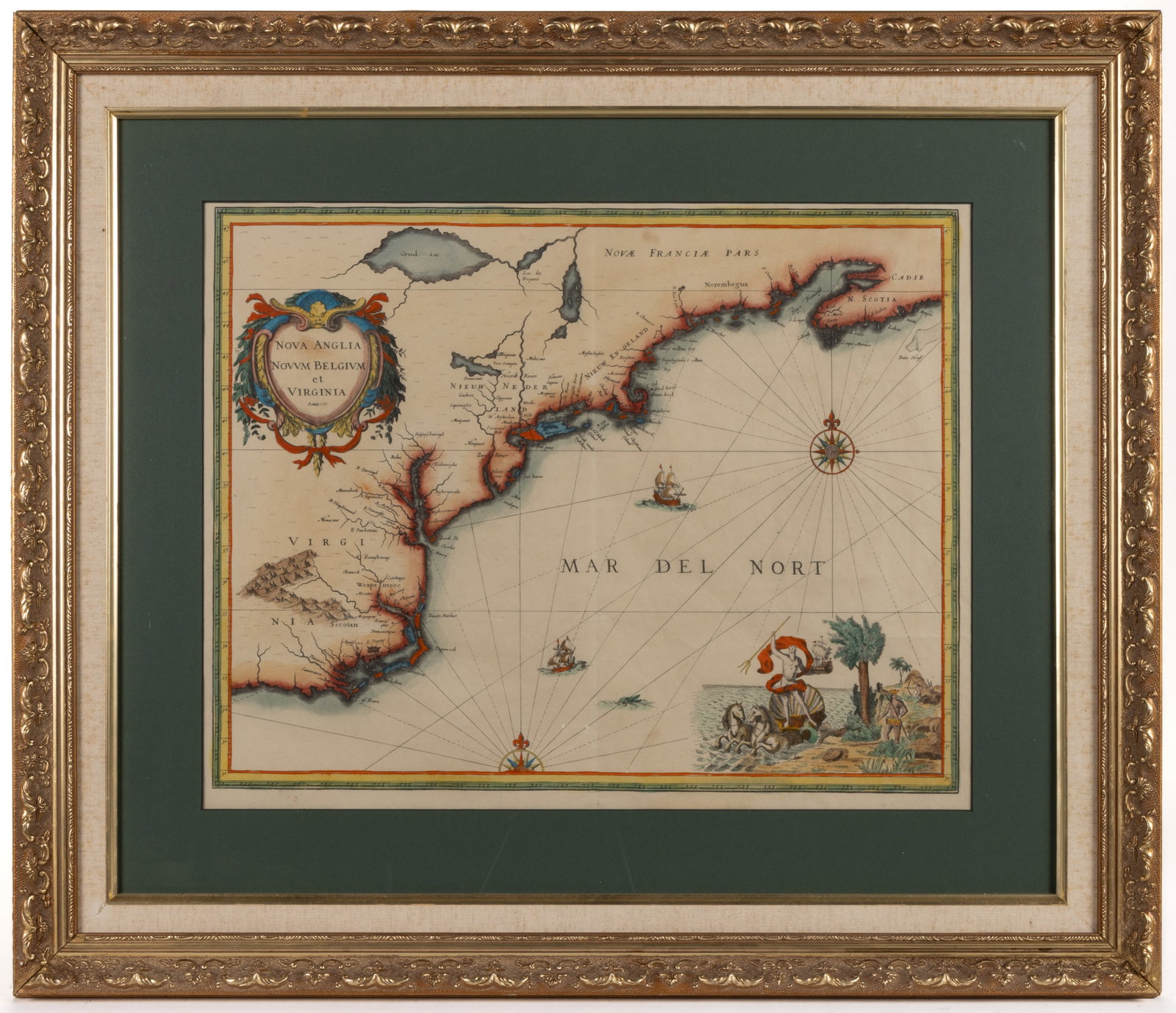JAN JANSSON (DUTCH, 1588-1664) MAP OF THE NORTH AMERICAN EAST COAST: JAN JANSSON (DUTCH, 1588-1664) MAP OF THE NORTH AMERICAN EAST COAST, engraving on laid paper with early hand-coloring, having unusual vignette lower right featuring mythical figure and Native American